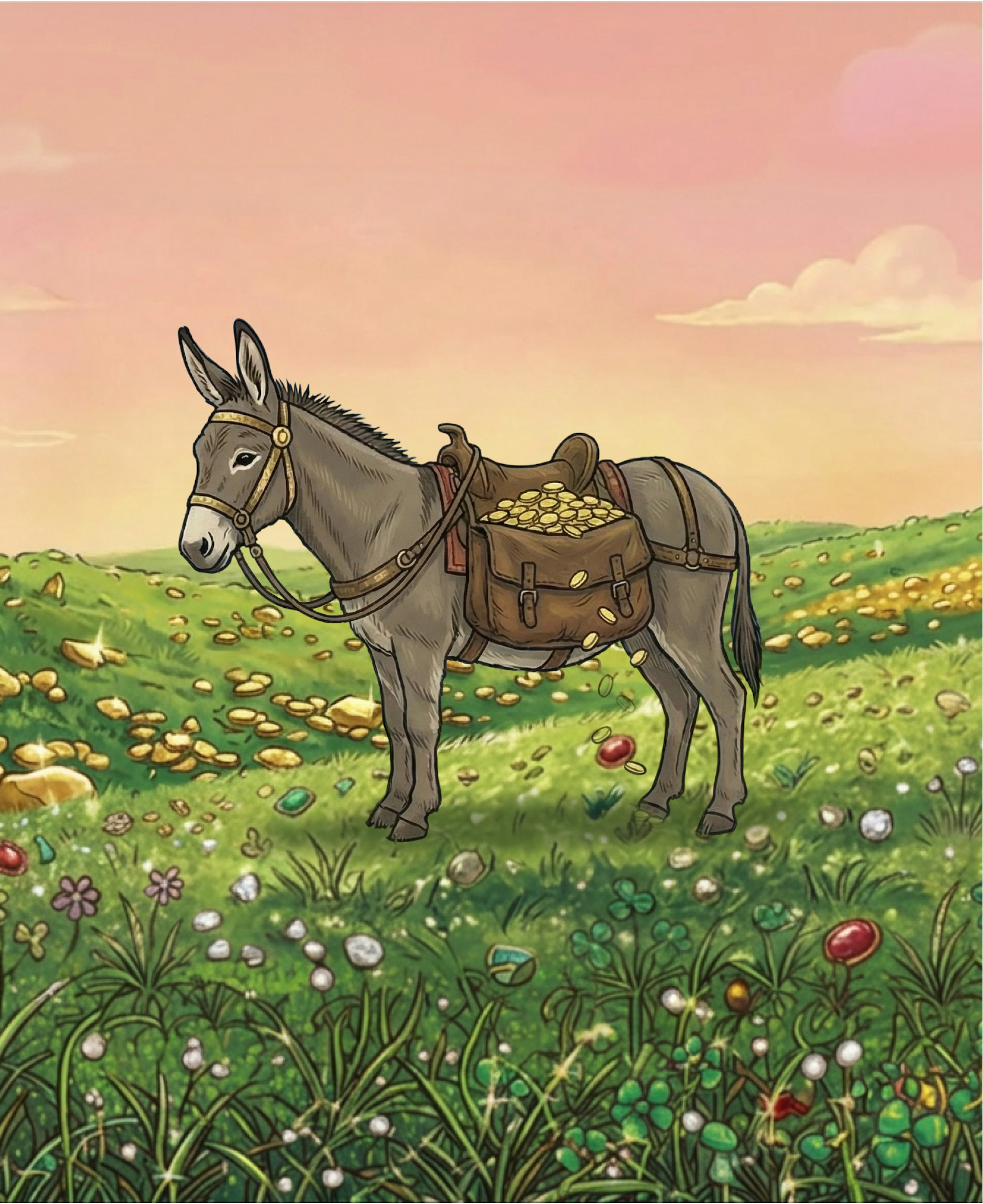 Illustrated grey donkey with a leather saddlebag overflowing with gold coins in a meadow scattered with gold nuggets at sunset