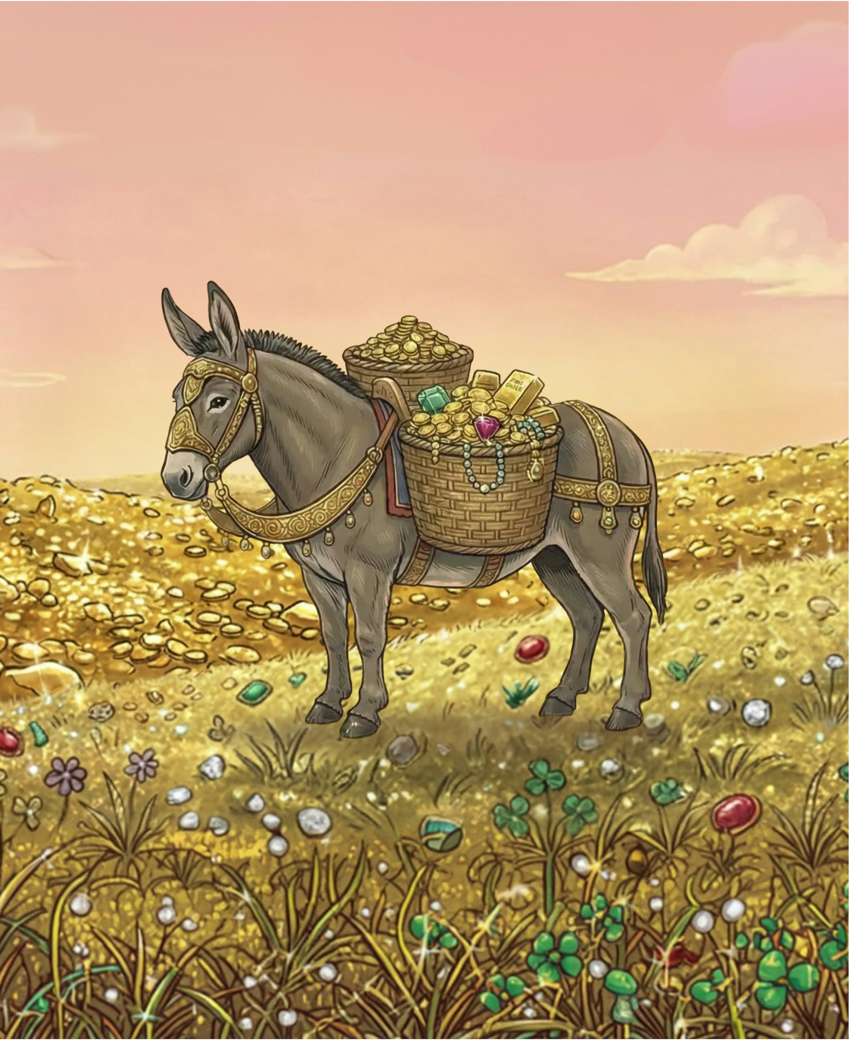 Illustrated grey donkey in a golden harness carrying two baskets full of gold coins, bars and jewels across a golden field