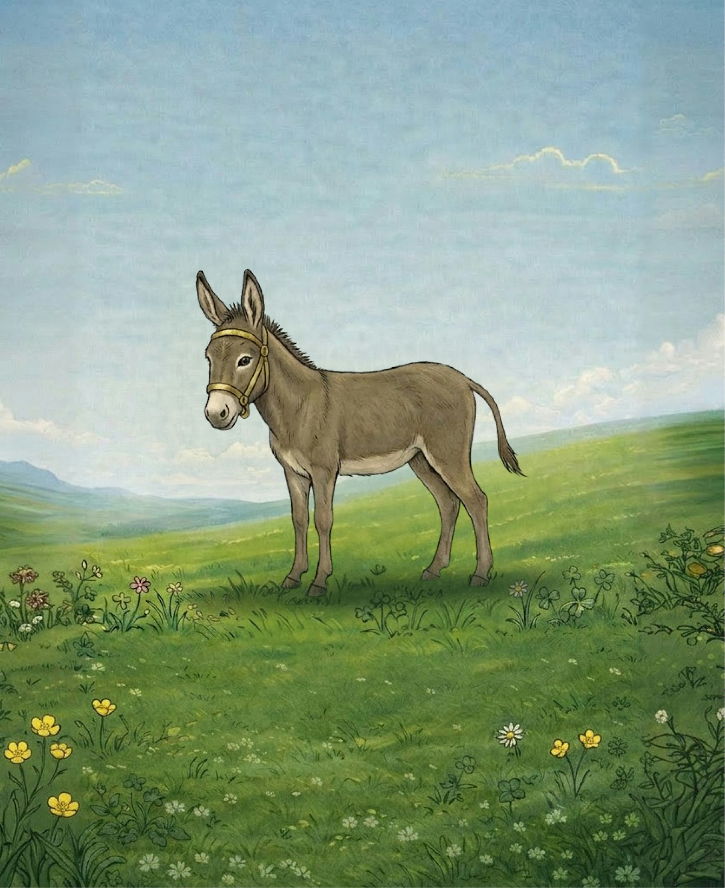 Illustrated grey donkey with a yellow halter standing in a flowering green meadow under a blue sky