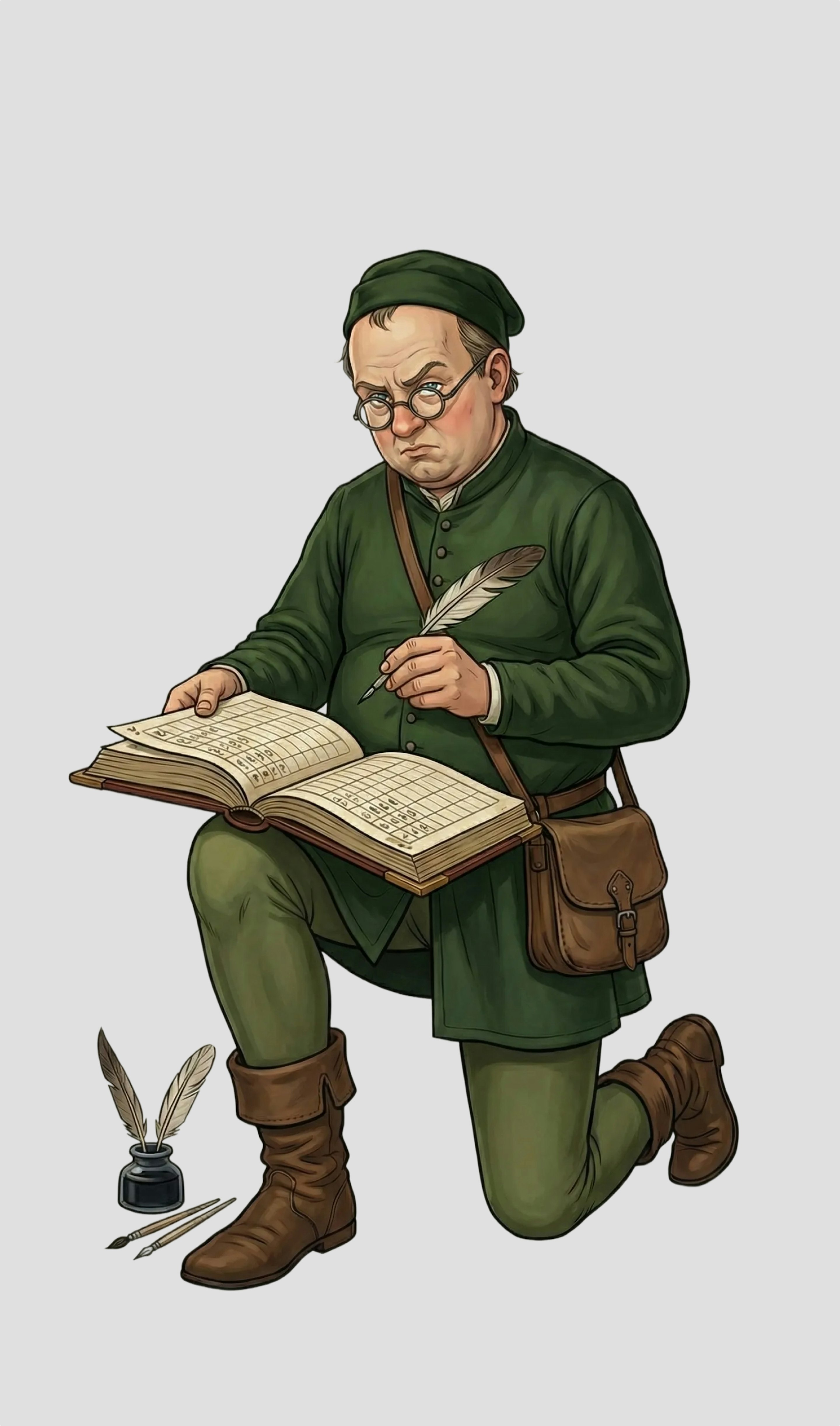 Illustrated medieval tax clerk in green robes kneeling with an open ledger, quill and ink pot