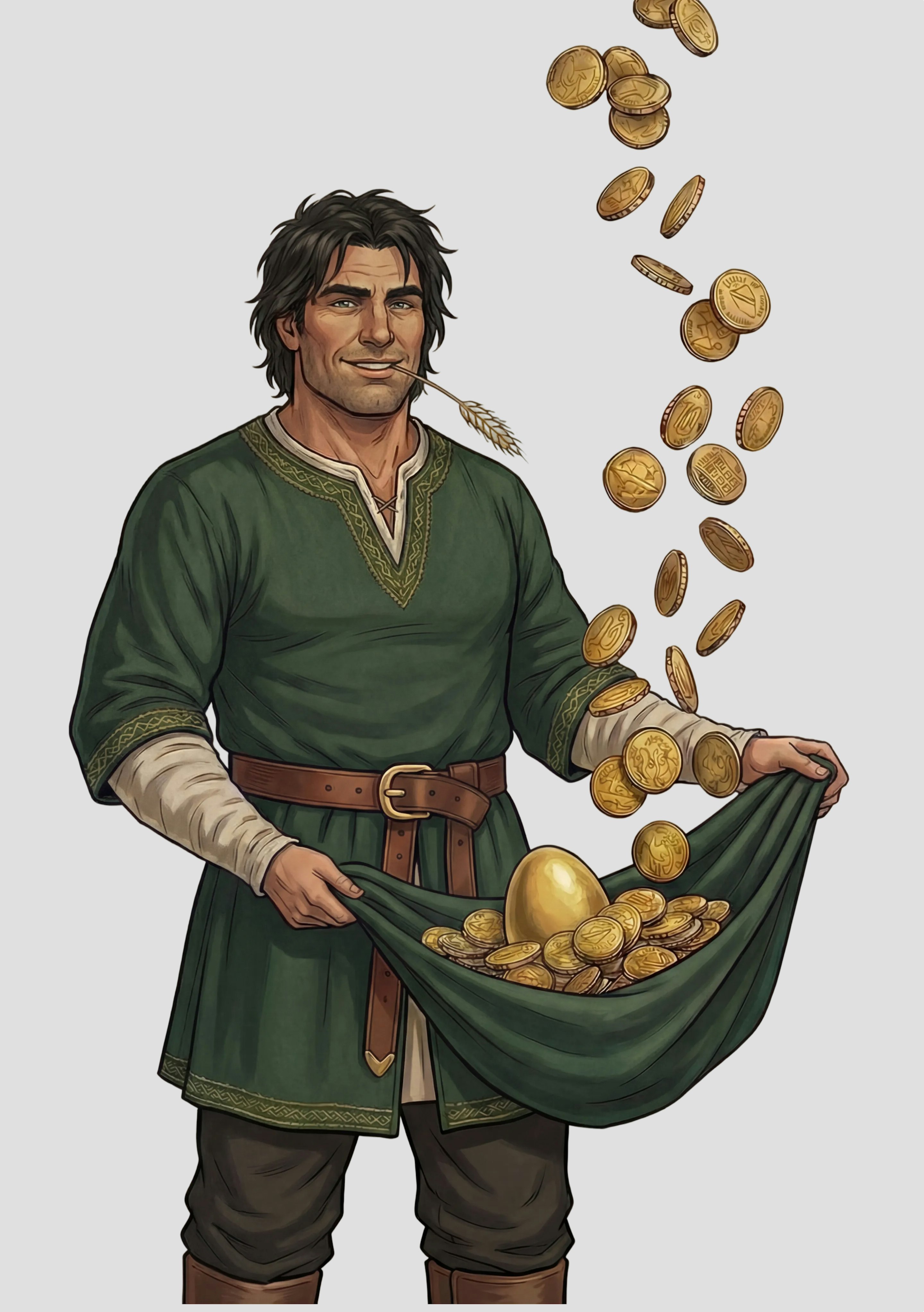 Illustrated young man in a green tunic holding a cloth full of gold coins and a golden egg as coins rain down