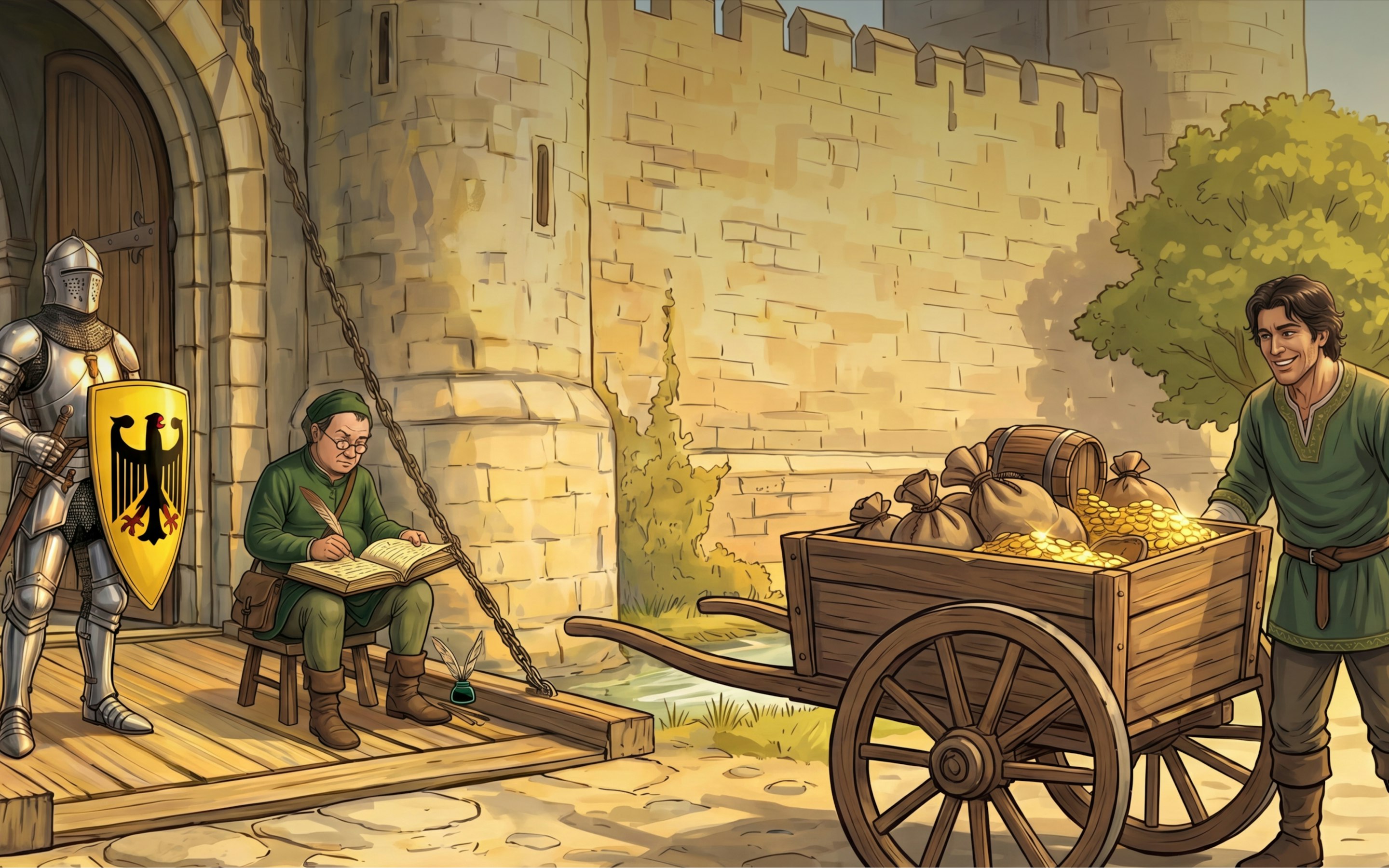 Illustrated castle courtyard with a knight guarding the gate, a clerk writing in a ledger and a young man pushing a cart full of gold coins