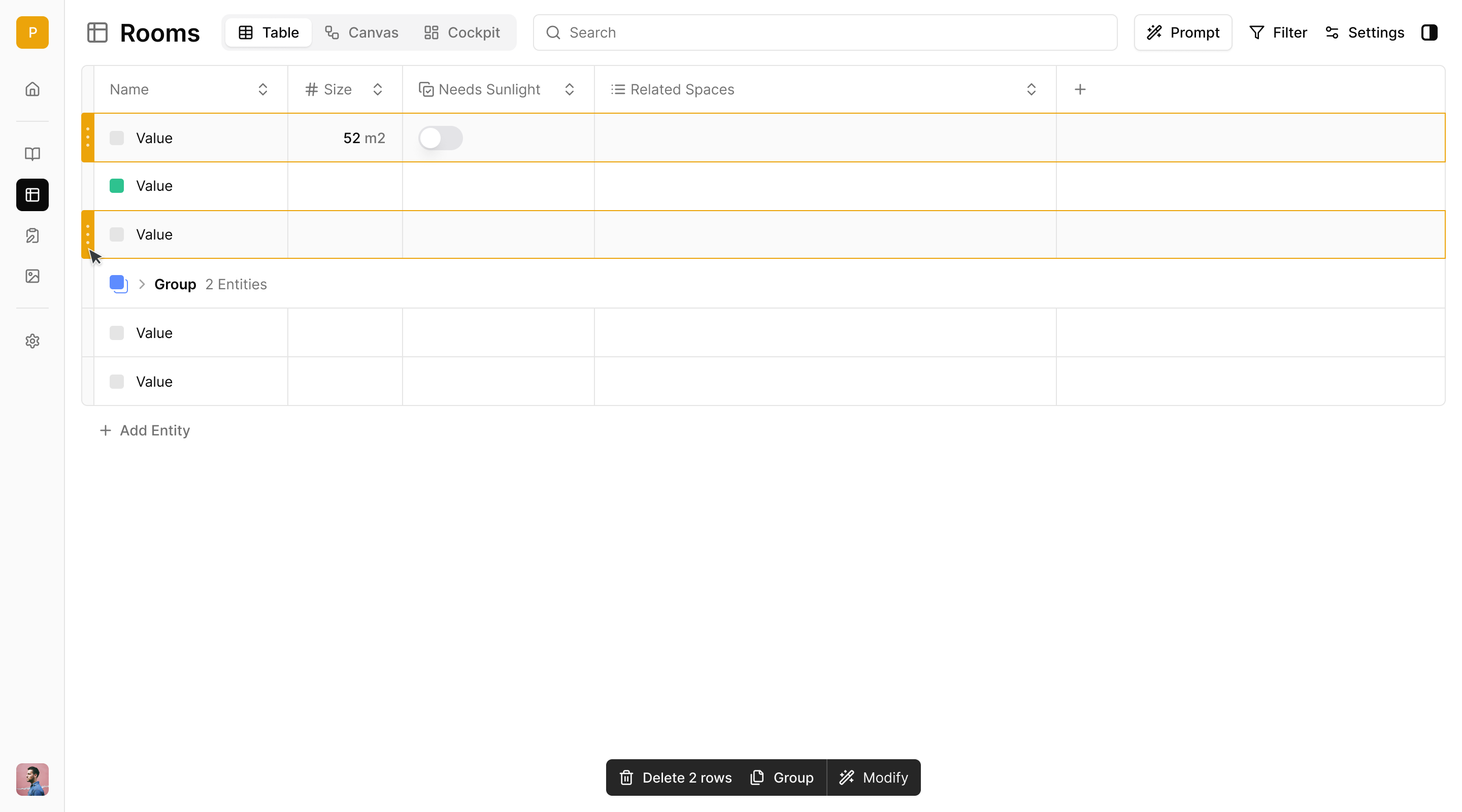 Rooms table view with two rows selected and a floating action bar offering delete, group and modify