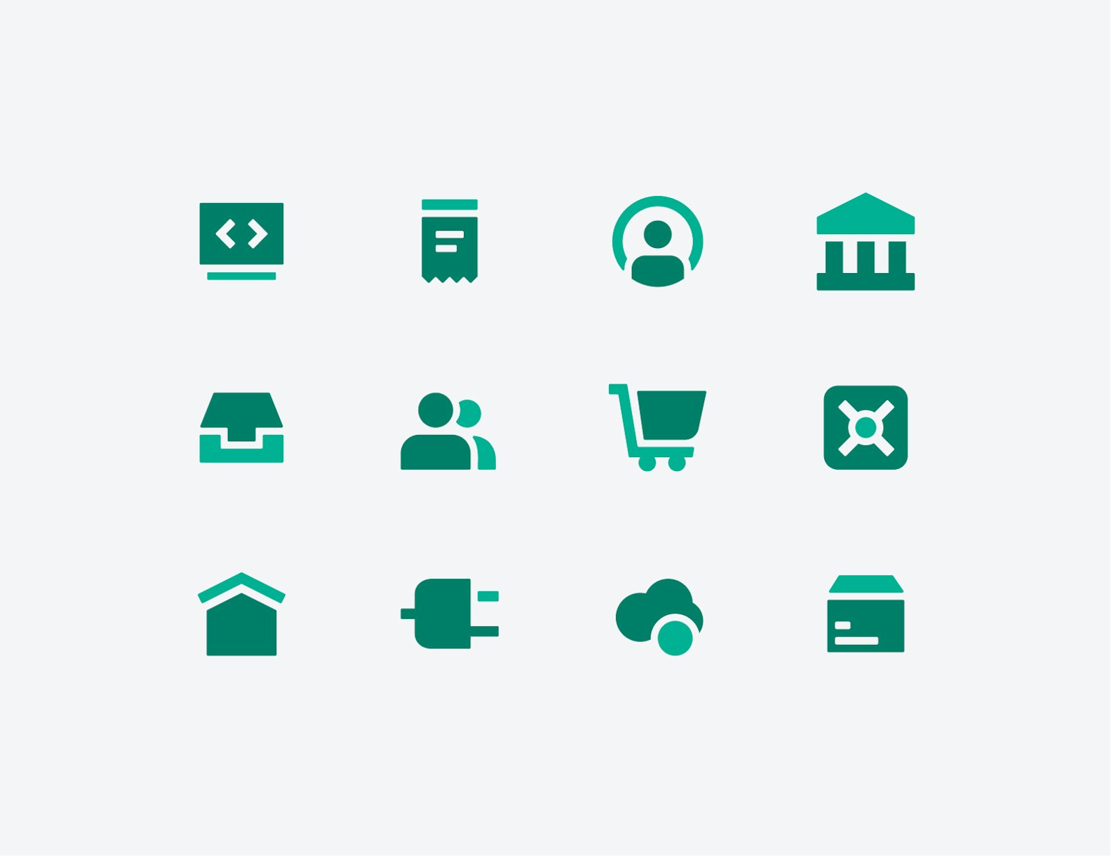 Grid of twelve green Autopilot product icons including code brackets, receipt, support agent, bank, inbox, cart, vault and cloud