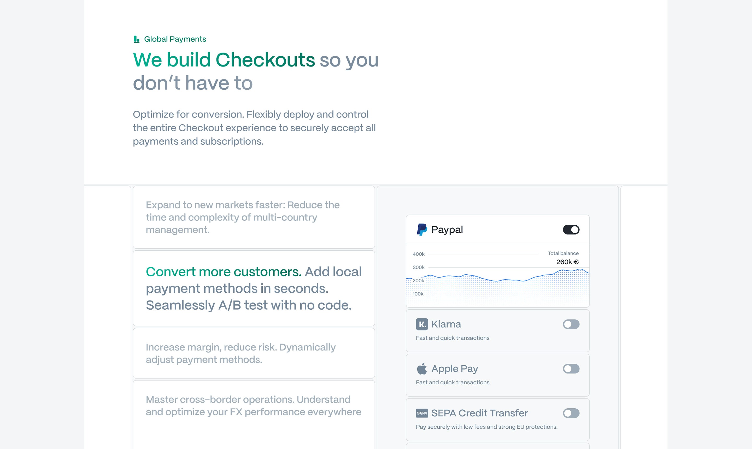Autopilot website section on global payments with local payment method cards and coverage details