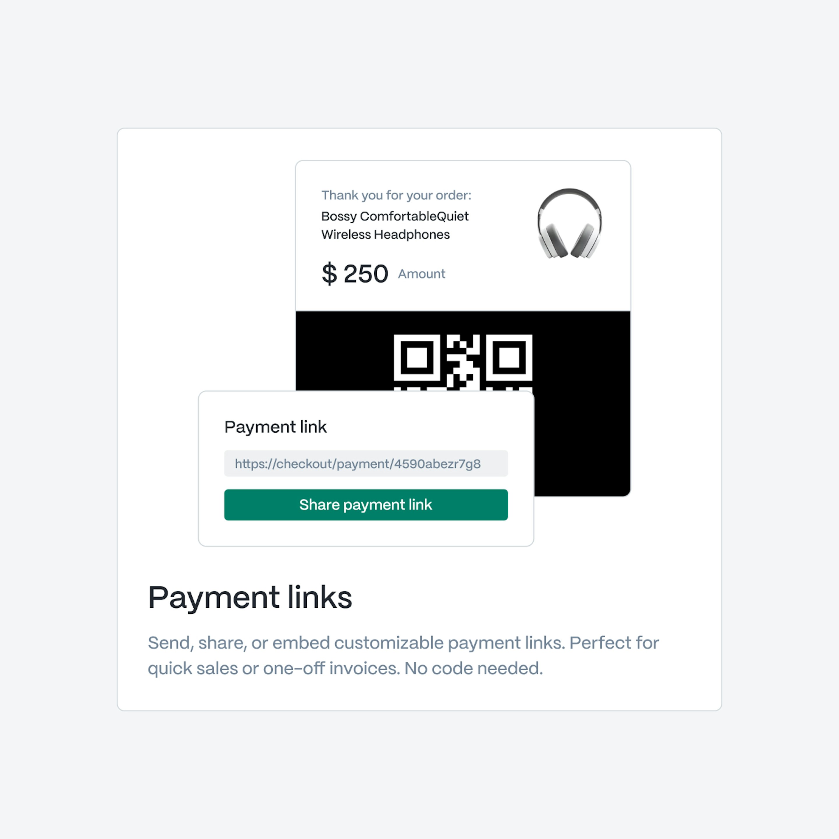Payment links website card showing an order confirmation with a QR code and a shareable payment link