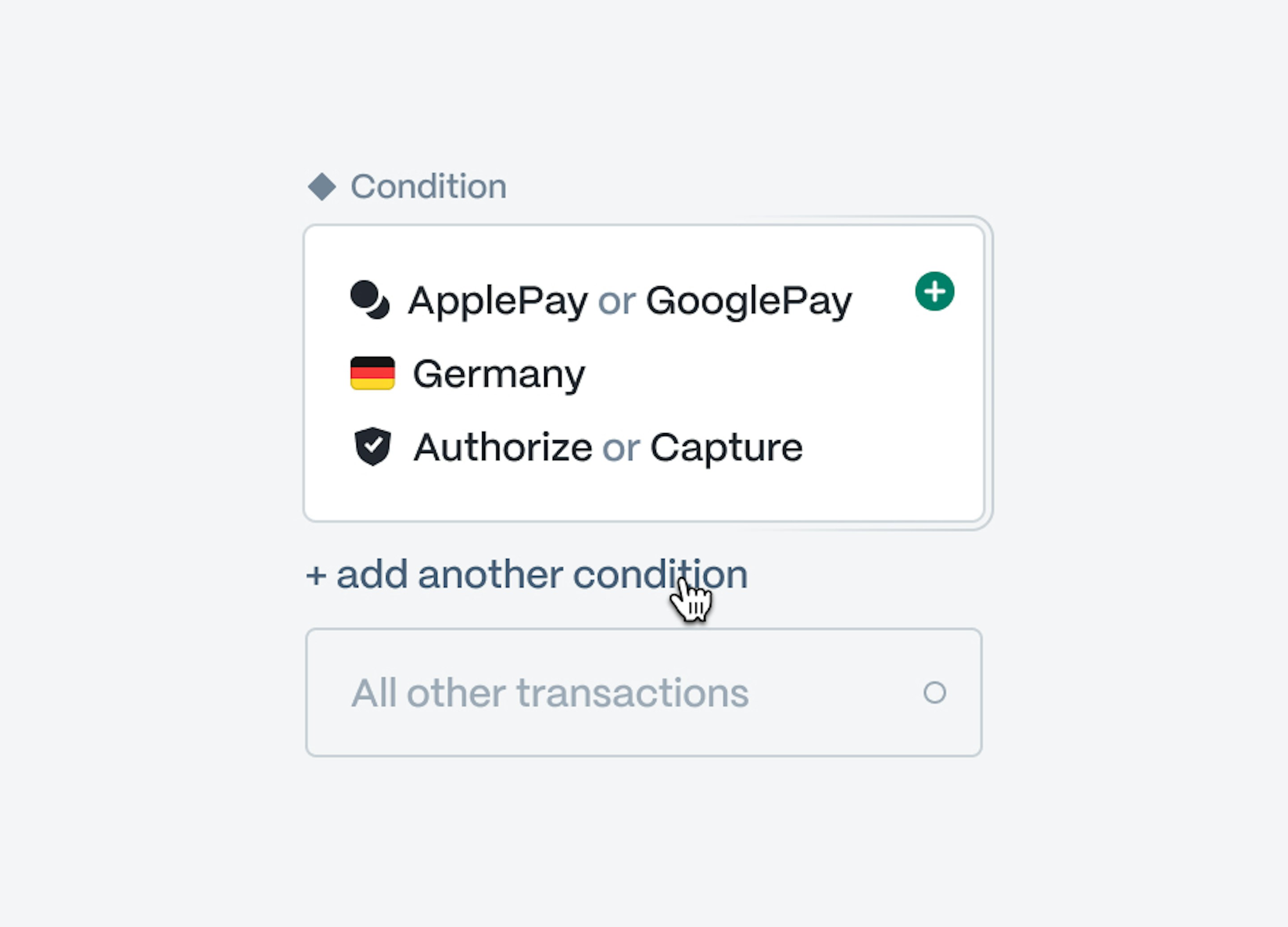 Flow builder condition card matching ApplePay or GooglePay payments in Germany on authorise or capture