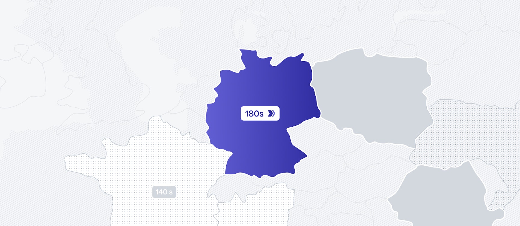 Close-up of the dashboard map with Germany filled in a blue to purple gradient and a 180 s latency badge