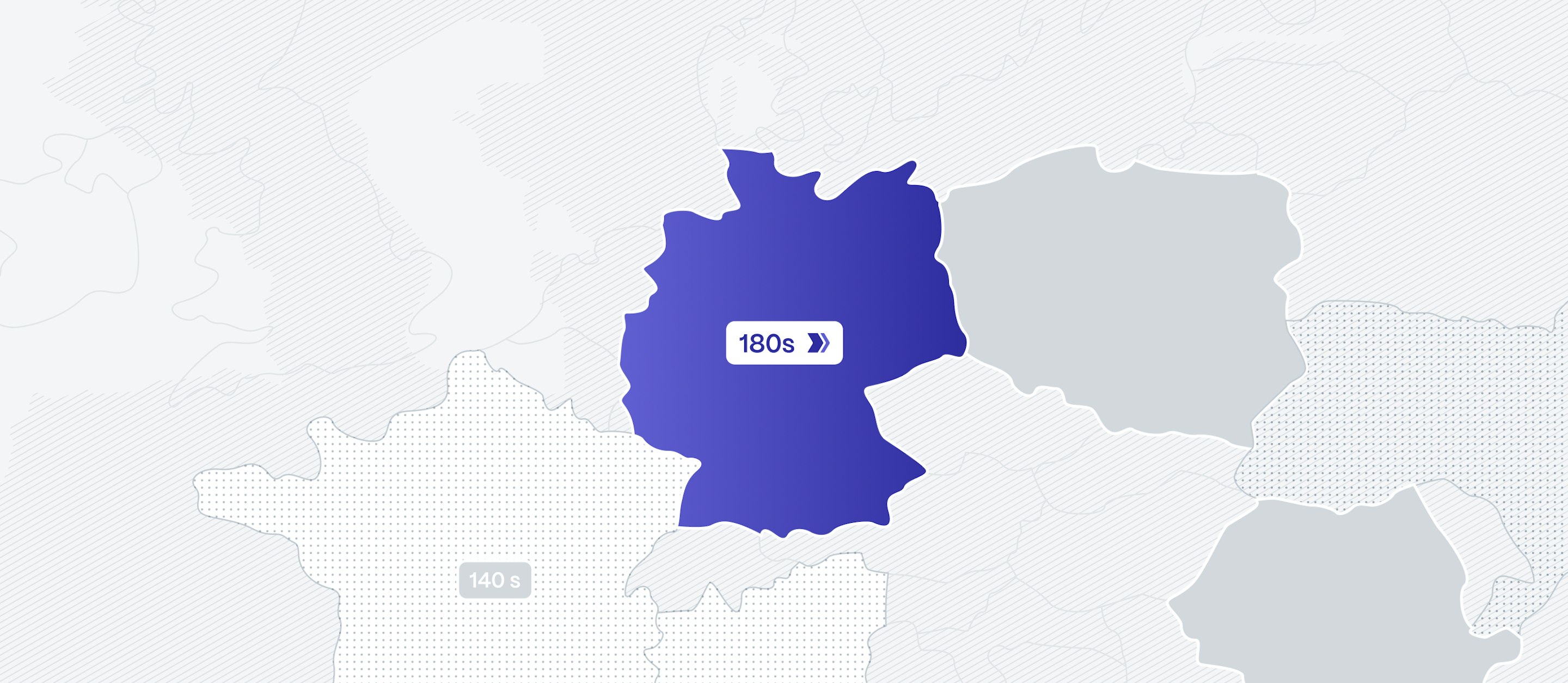 Close-up of the dashboard map with Germany filled in a blue to purple gradient and a 180 s latency badge