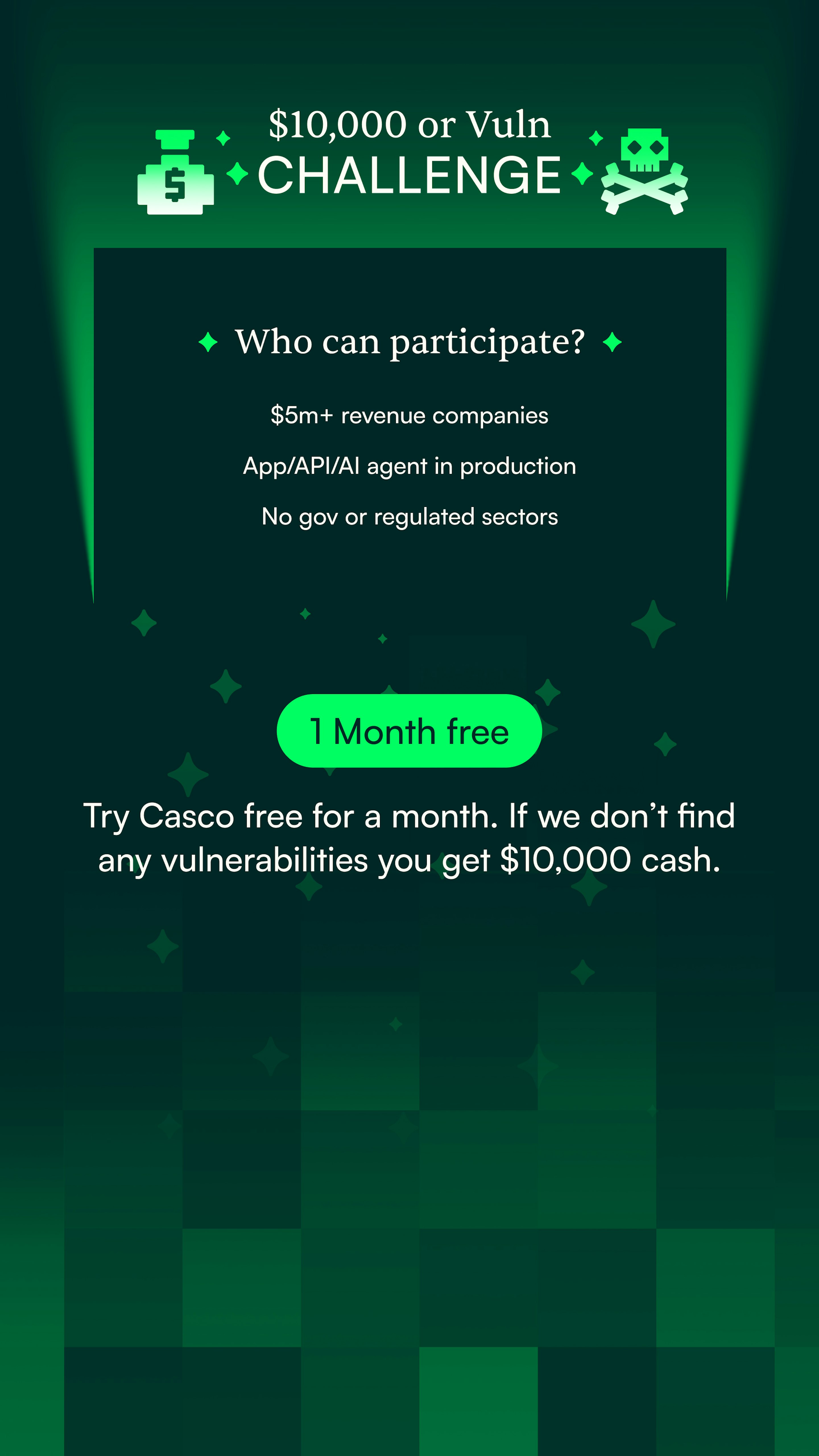 Green Casco campaign poster offering a 10,000 dollar reward for the first real vulnerability found, for a conference booth wall