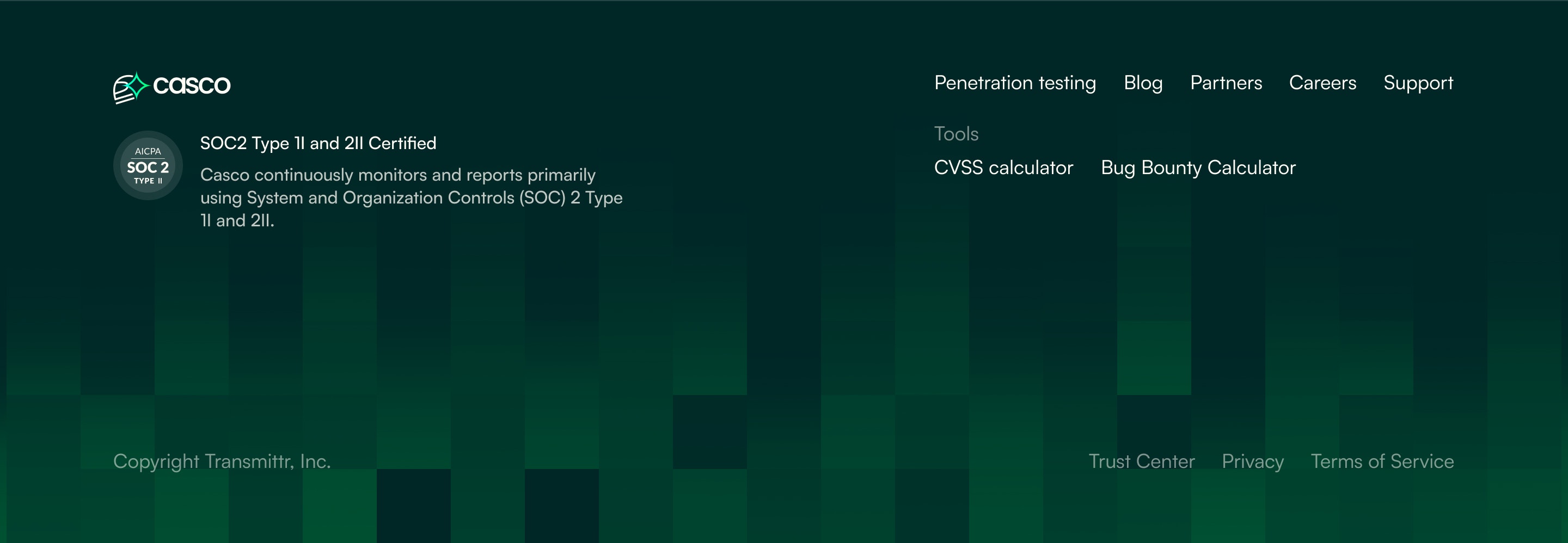 Casco website footer with the logo, a SOC 2 compliance badge and navigation links