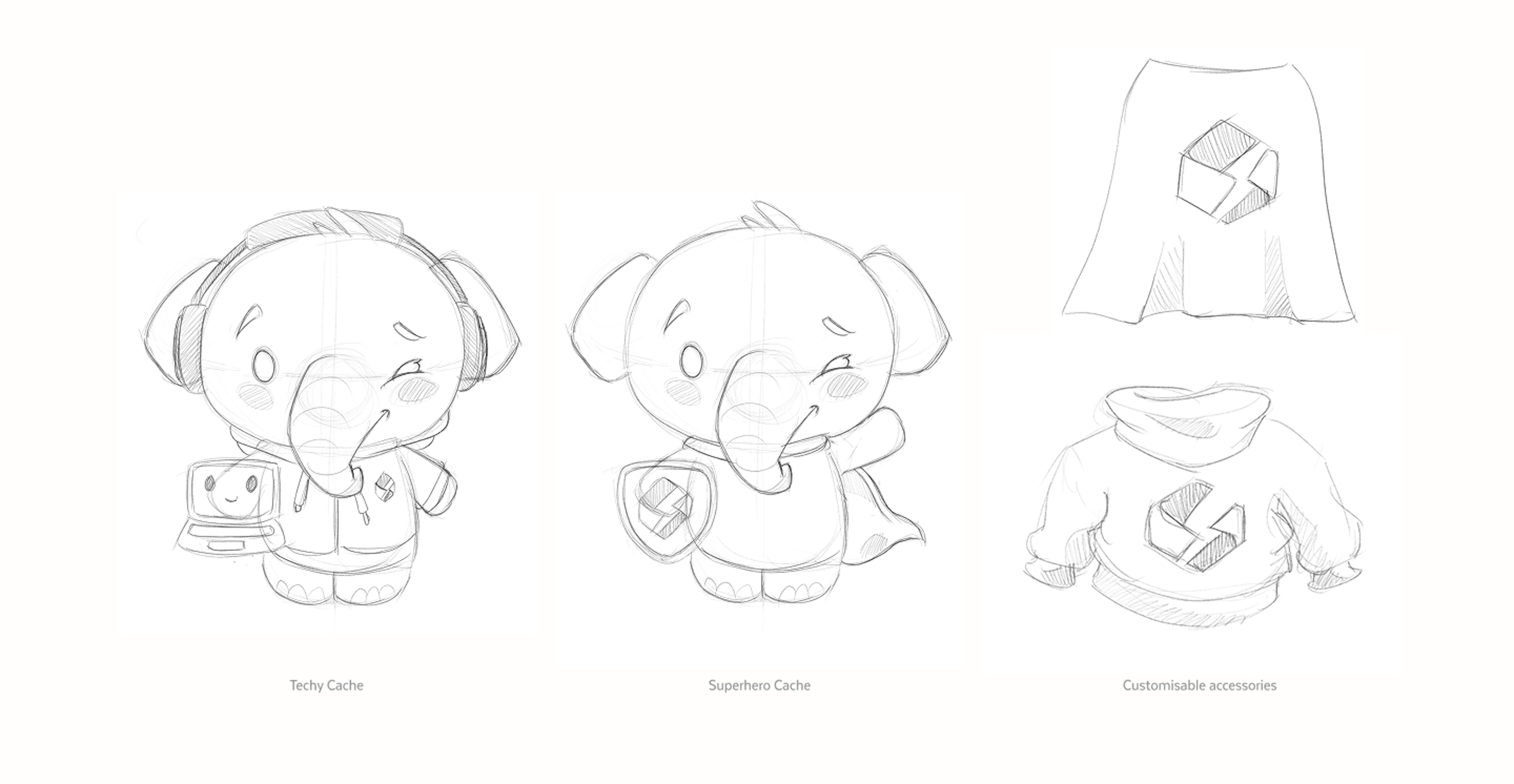 Pencil concept sketches for the Stellate mascot plushie, exploring a Techy Cache with headphones and a laptop, a Superhero Cache with a shield and cape, and customisable hood and hoodie accessories