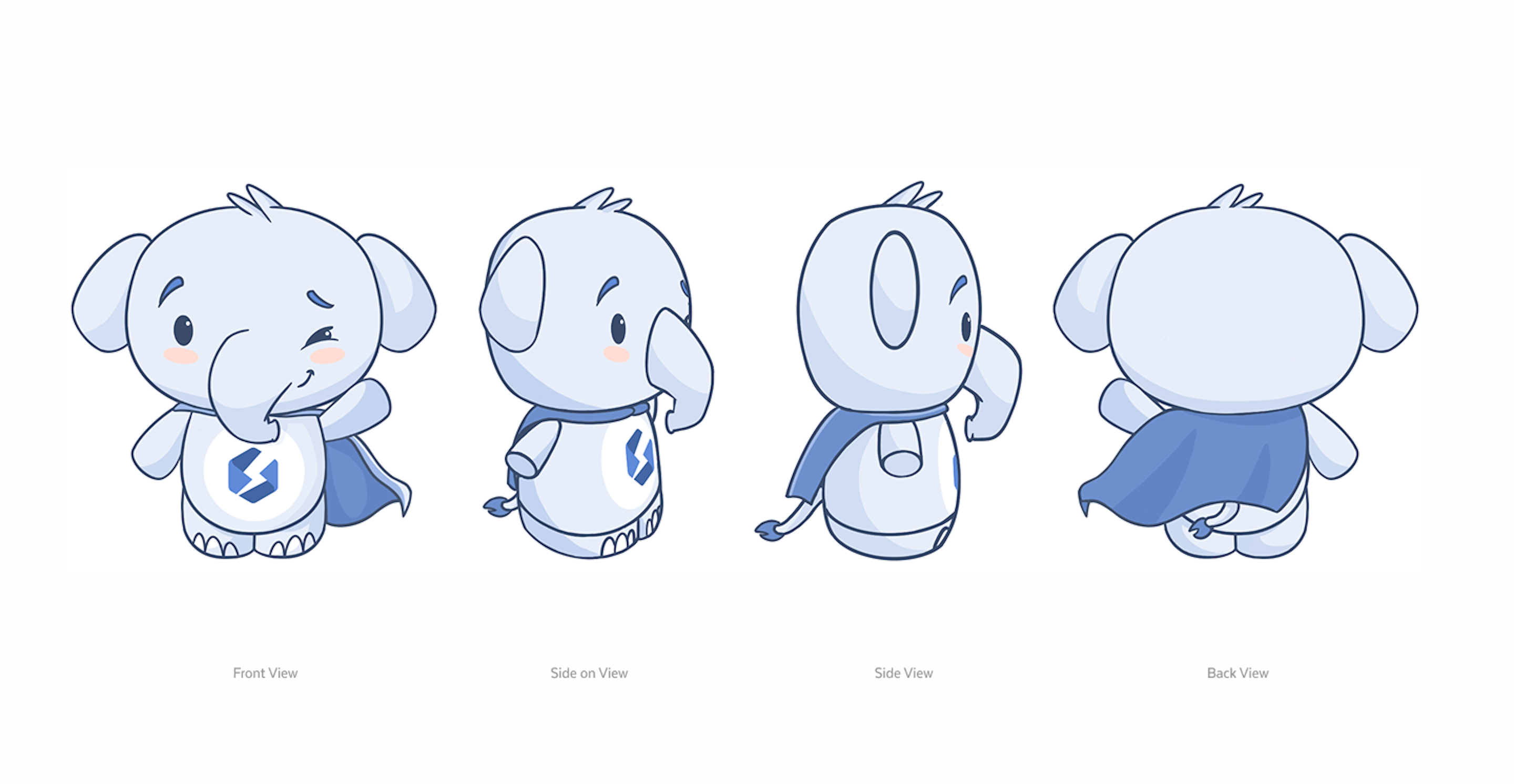 Clean front, side and back turnaround of the Stellate elephant mascot plushie wearing a superhero cape with a lightning bolt badge