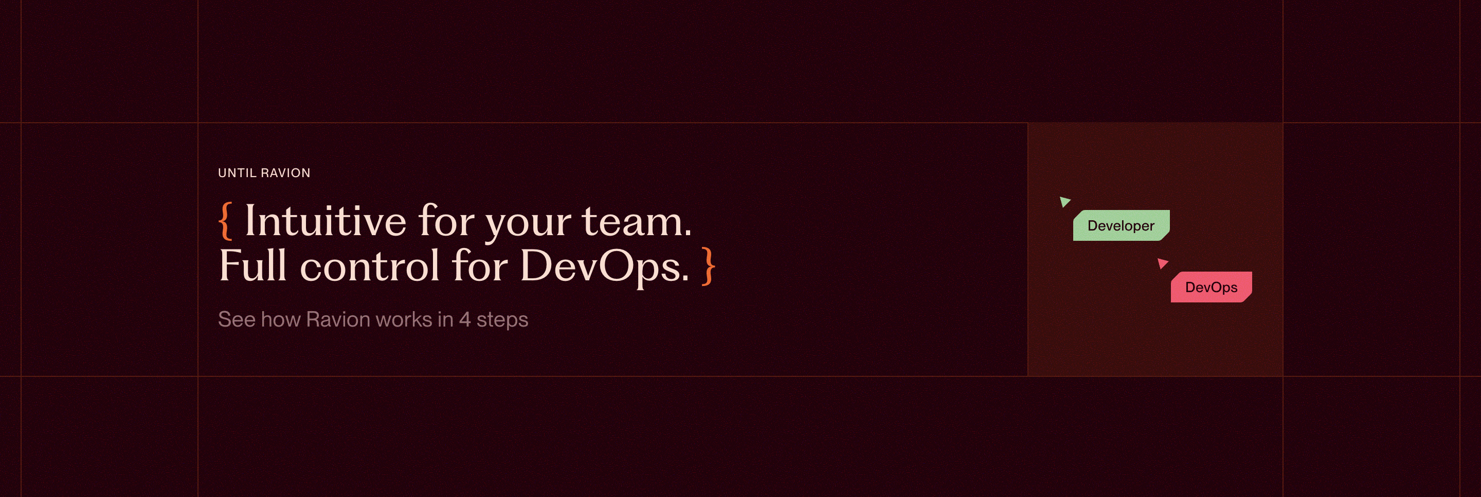 Ravion website section headline Intuitive for your team, full control for DevOps with Developer and DevOps tag chips on a dark red grid
