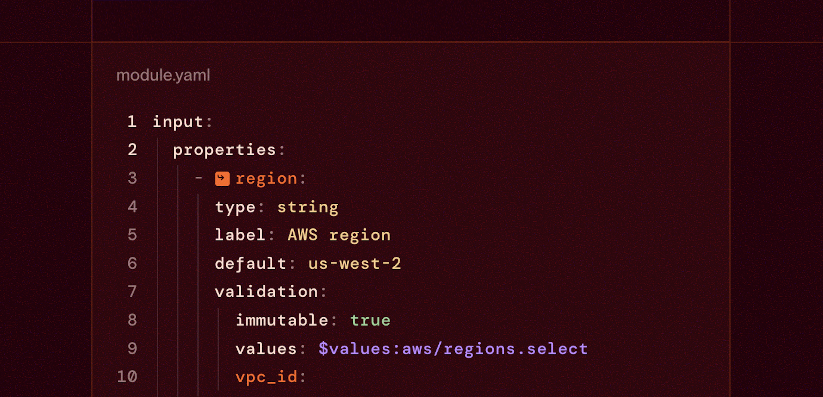 Code editor screenshot of a module.yaml config file defining an AWS region input with validation rules