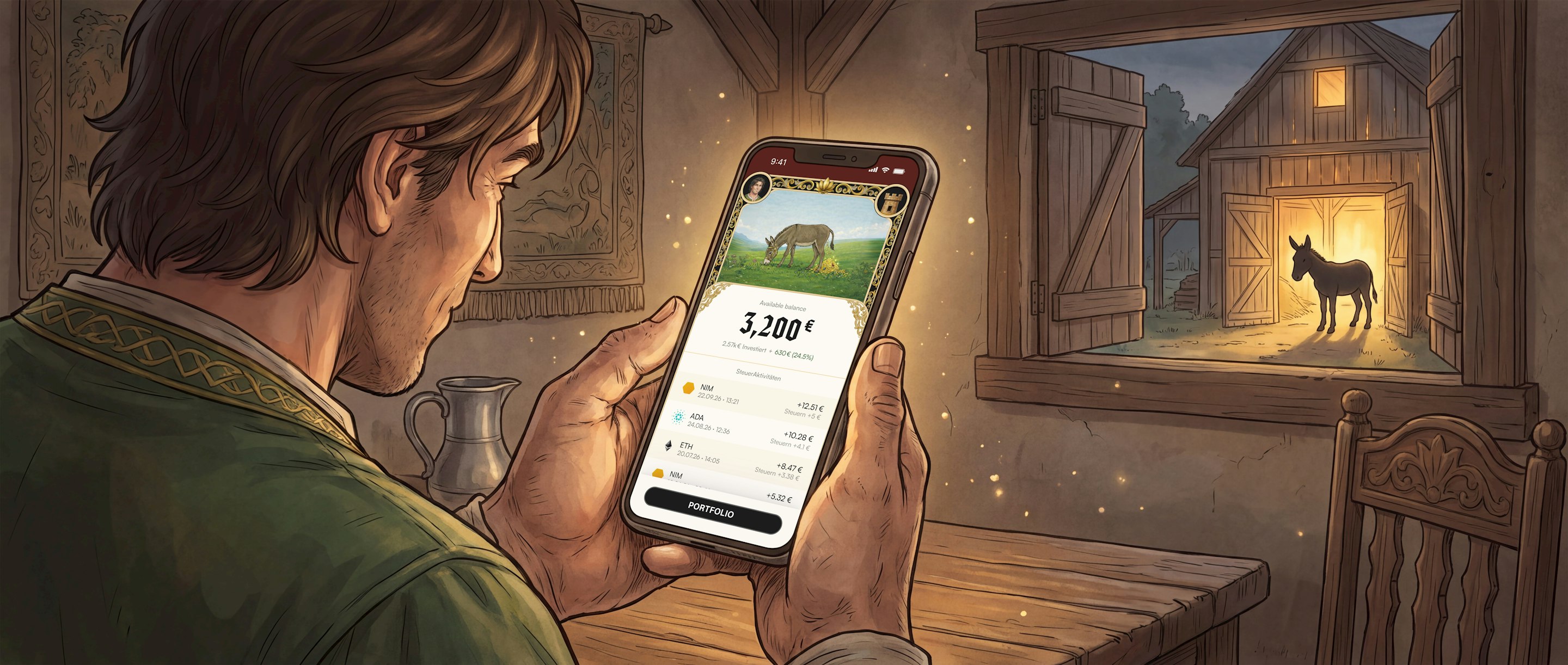 Illustration of a medieval villager in a green tunic holding a smartphone showing a crypto portfolio app with a donkey avatar and €3,200 balance.