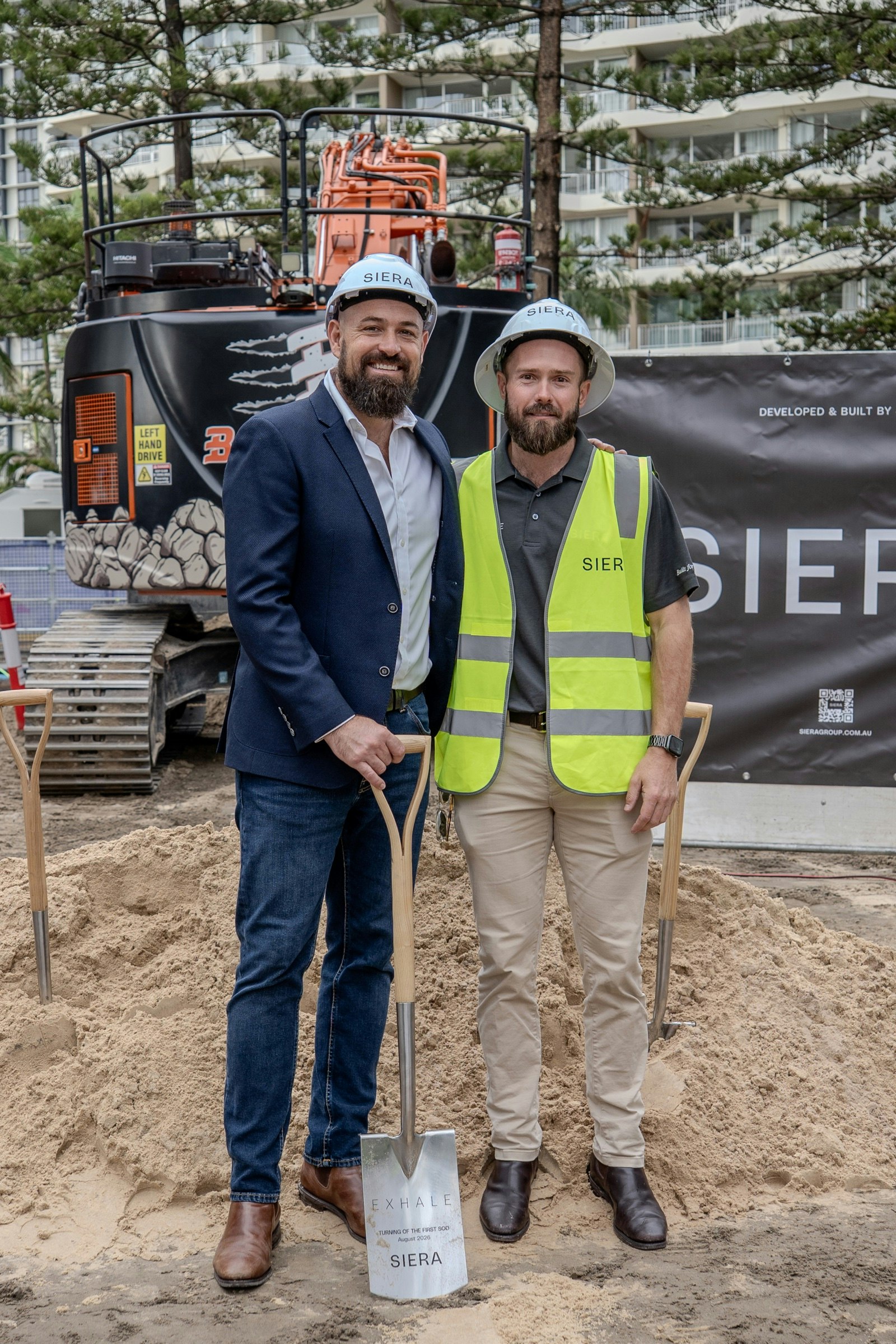 Brent Thompson, Founder and Managing Director of SIERA, and Tom Stirling, Head of Construction, at the Exhale ground breaking on the Gold Coast in August 2026.