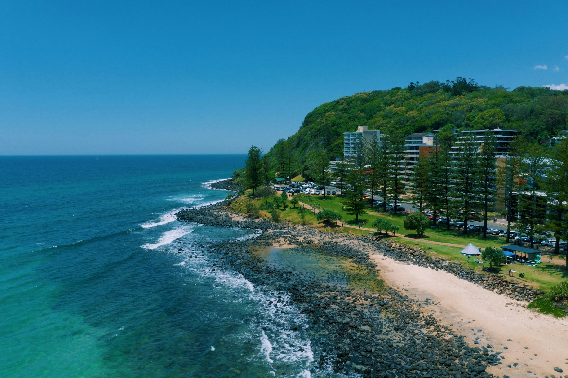 Aerial view of Burleigh Heads headland, the point and the beachfront park
