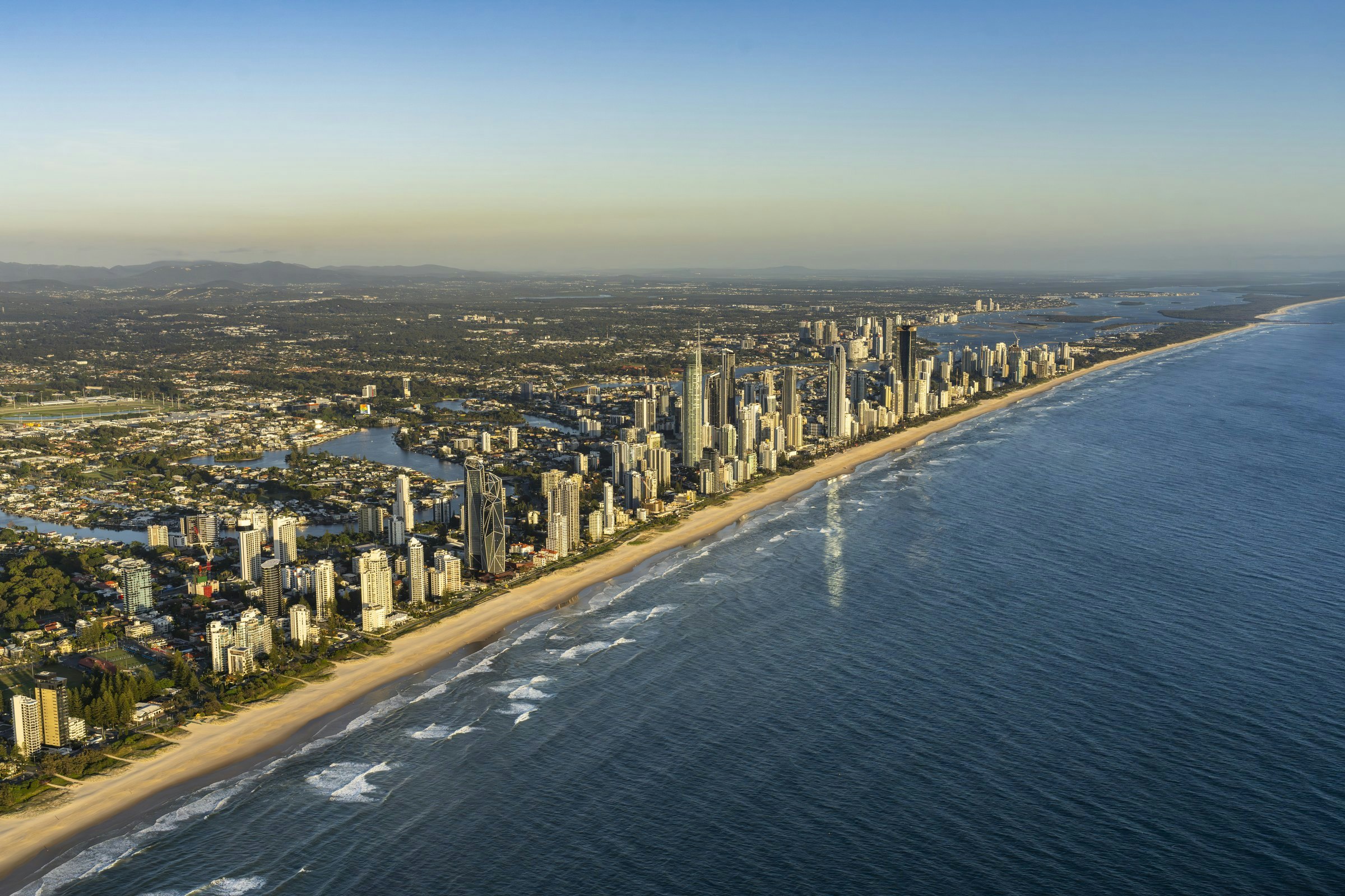 The Gold Coast from the air in the early morning, looking north along the beach towards Surfers Paradise