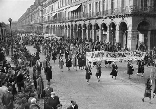 million women demonstrate on March 11, 1911 for the first International Women's Day.