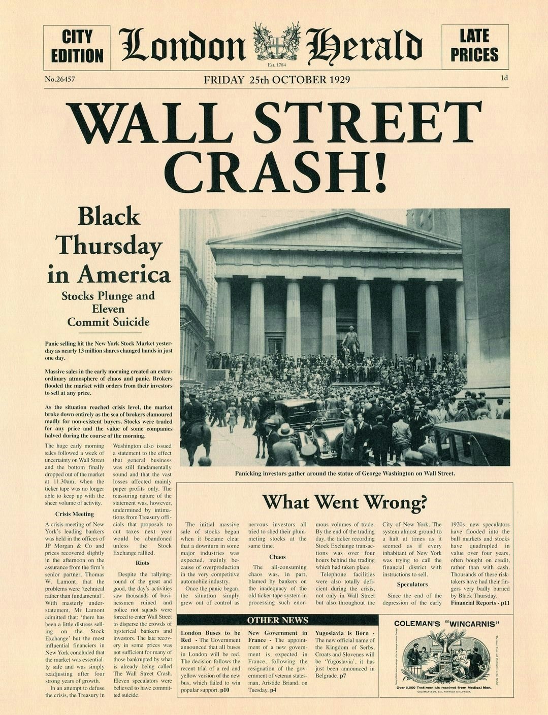 La couverture du journal London Herald evoquant le crash de wall street