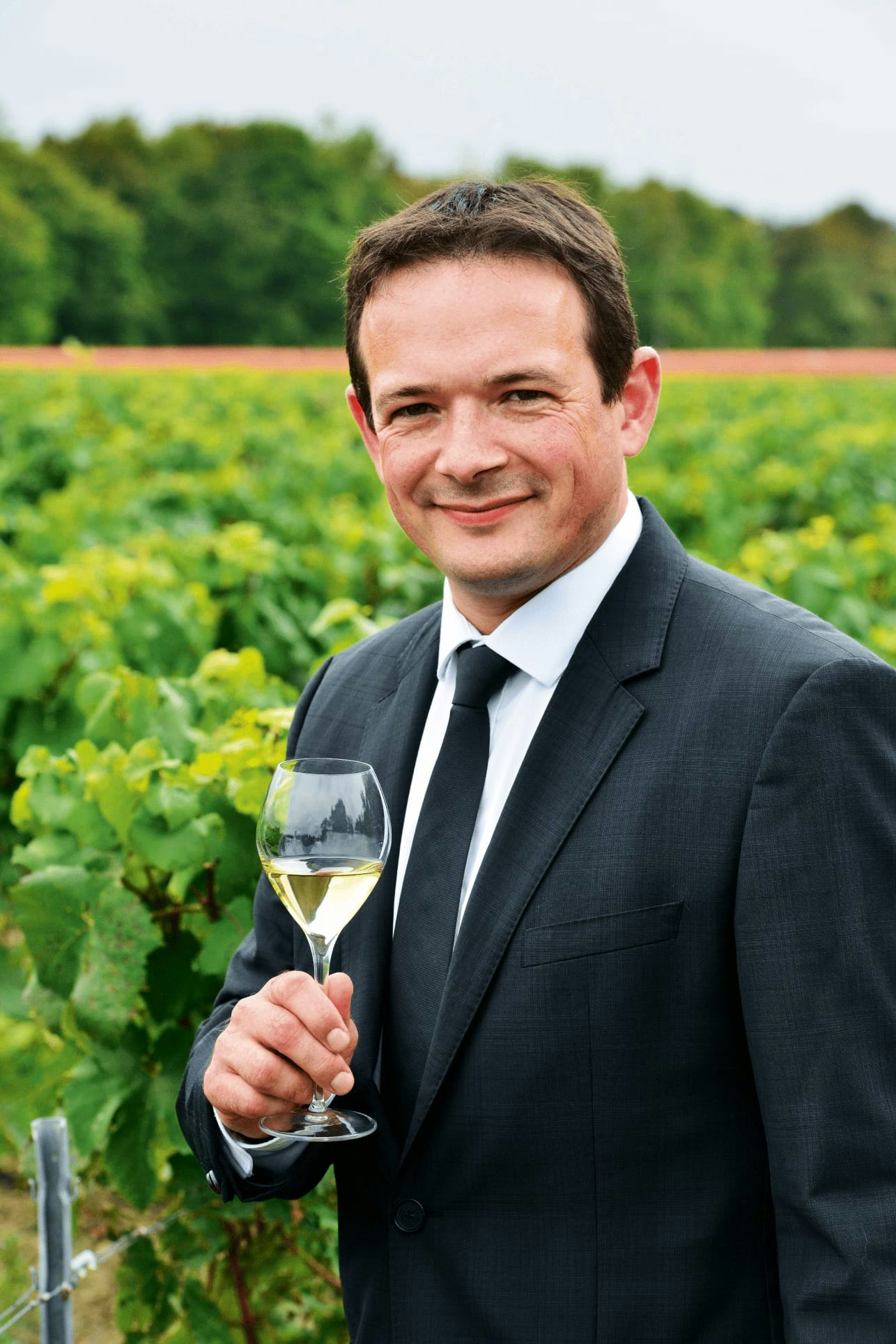 Clément Pierlot, Tenth Cellar Master of Maison Pommery with a glass of champagne in the vineyards