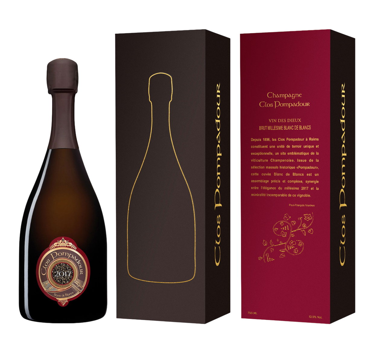 Une bouteille de clos pompadour millésime 2017 avec son étui recto verso