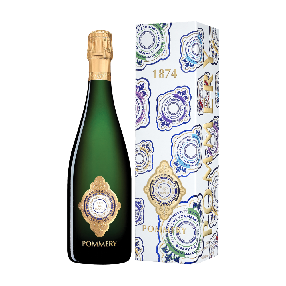 Une bouteille de Pommery Apanage Blanc de Blancs 1874 avec son étui