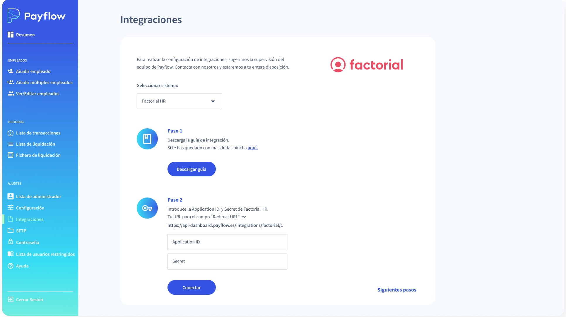 Screenshot Payflow Integration Screenshot des Payflow Interface zur Factorial Integration