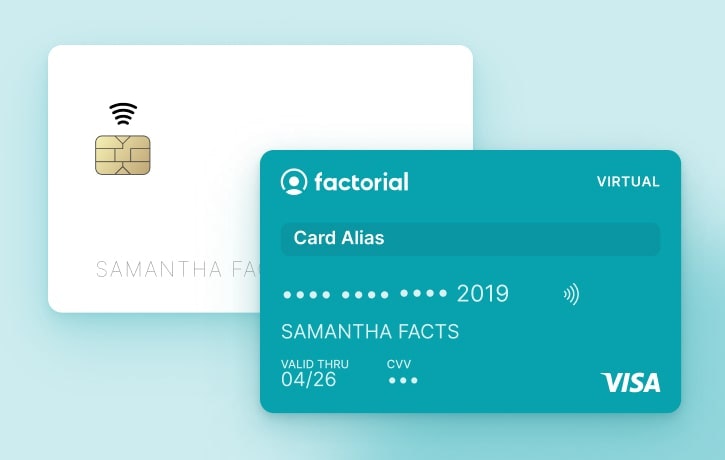 Vorschau für virtuelle Kreditkarten mit Factorial. Sie zeigen den Namen, Kartennummer, Gültigkeitsdatum sowie den CVV.