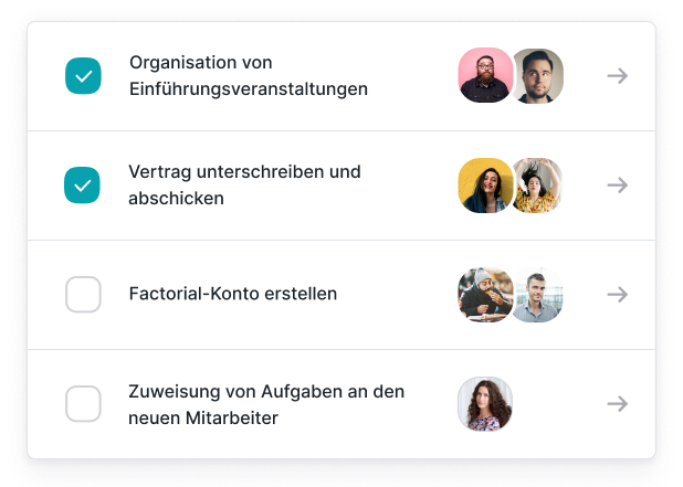 Onboarding-Checklisten mit Factorial Eine Checkliste mit mehreren Punkten und den Anansprechpartnern