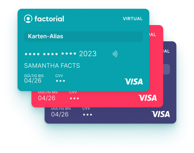 Vorschau von virtuellen Kreditkarten von Factorial, die von Mitarbeitenden für ihre Ausgaben nutzen können.