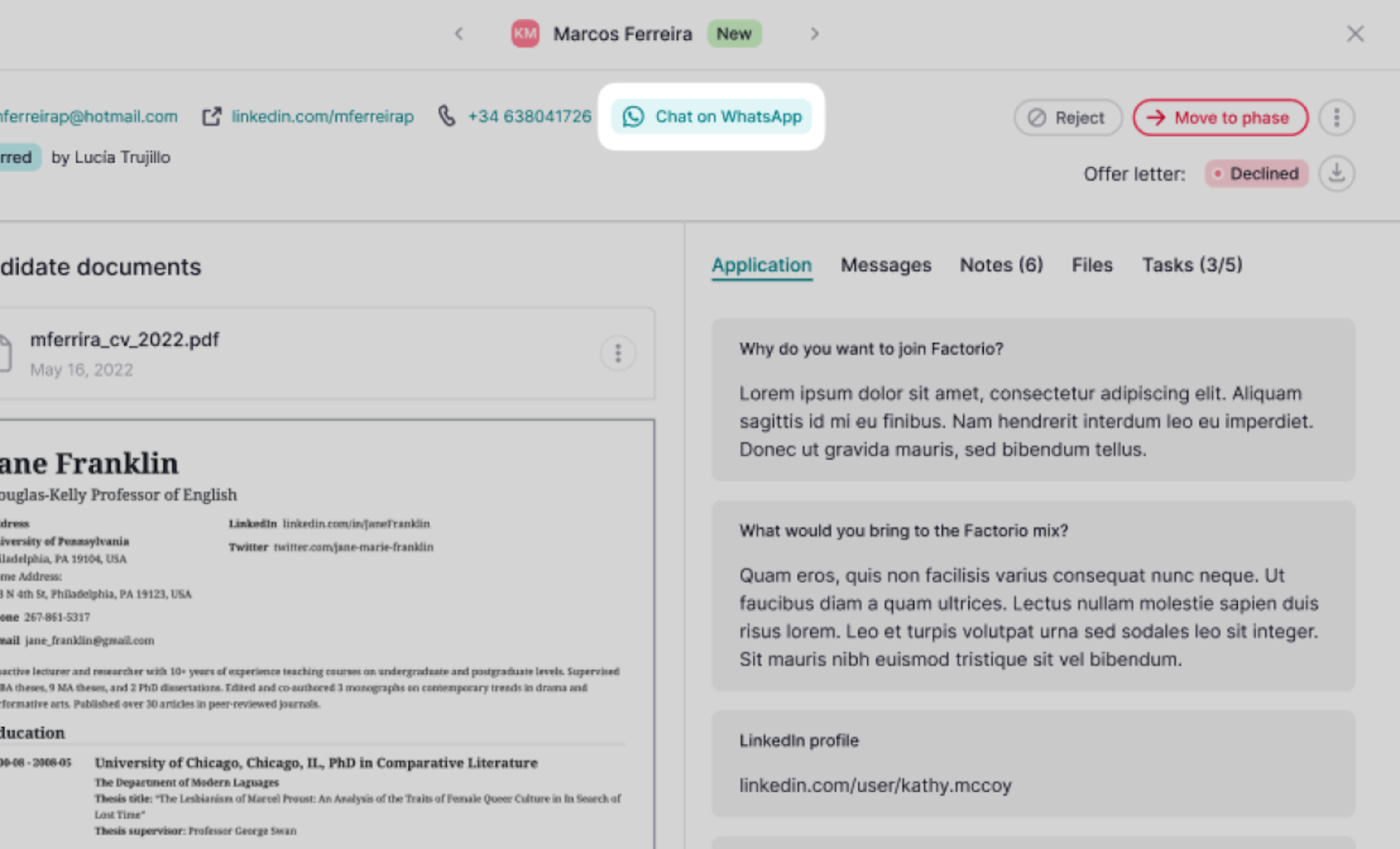 Screenshot der Factorial App mit der WhatsApp-Integrationen über einen Textverlauf mit einem Bewerber
