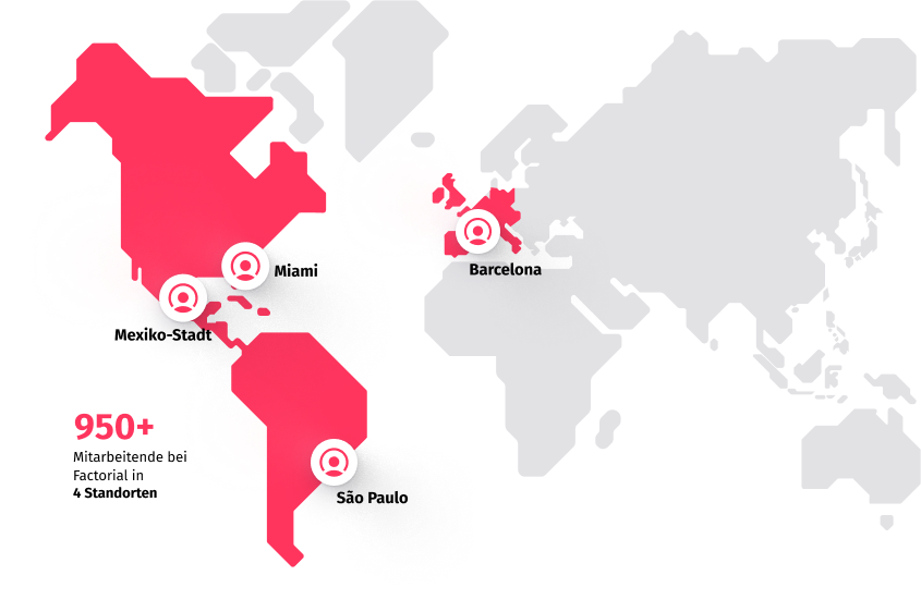 Ein Weltkarte mit Ländern in Europa und Amerika hervorgehoben. Barcelona, São Paulo, Mexiko-Stadt und Miami sind markiert.
