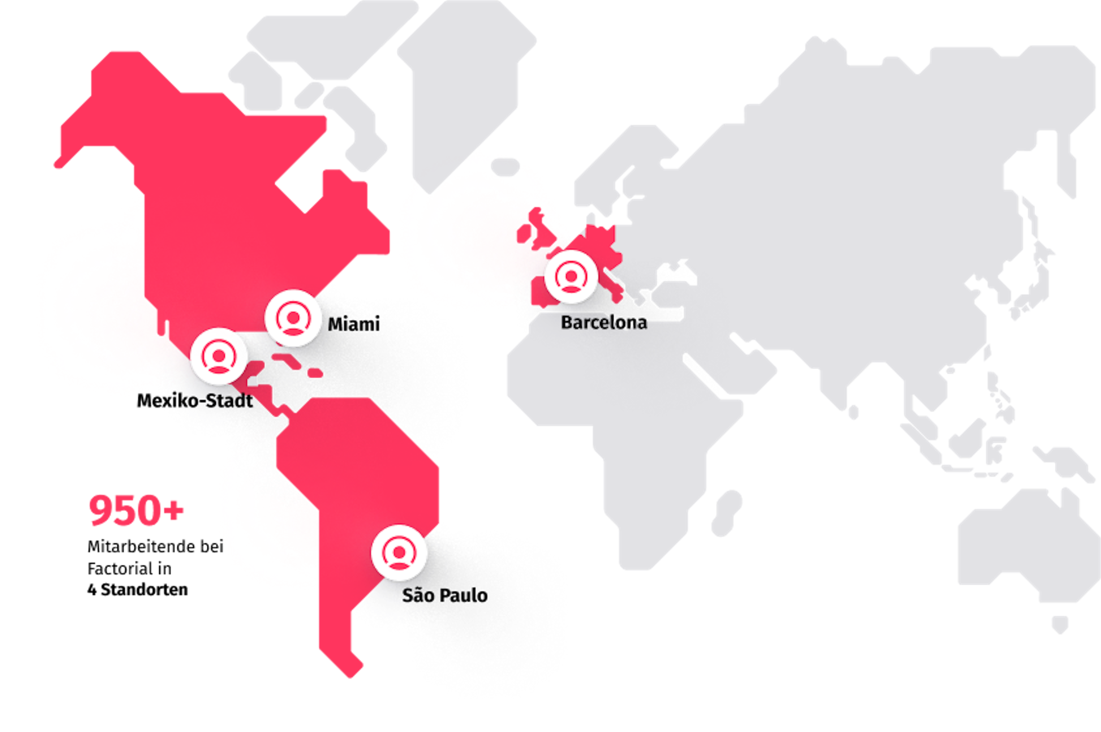 Ein Weltkarte mit Ländern in Europa und Amerika hervorgehoben. Barcelona, São Paulo, Mexiko-Stadt und Miami sind markiert.