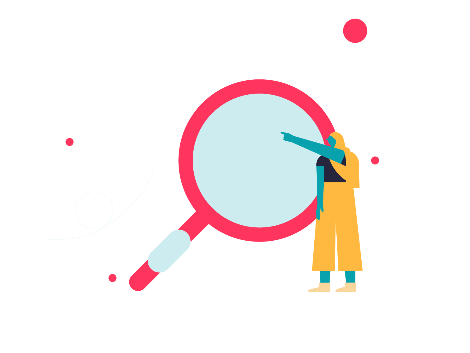 Busca por emprego Ilustração mostra uma mulher com véu ocre apontando em direção a uma lupa gigante com o tom de vermelho da Factorial.