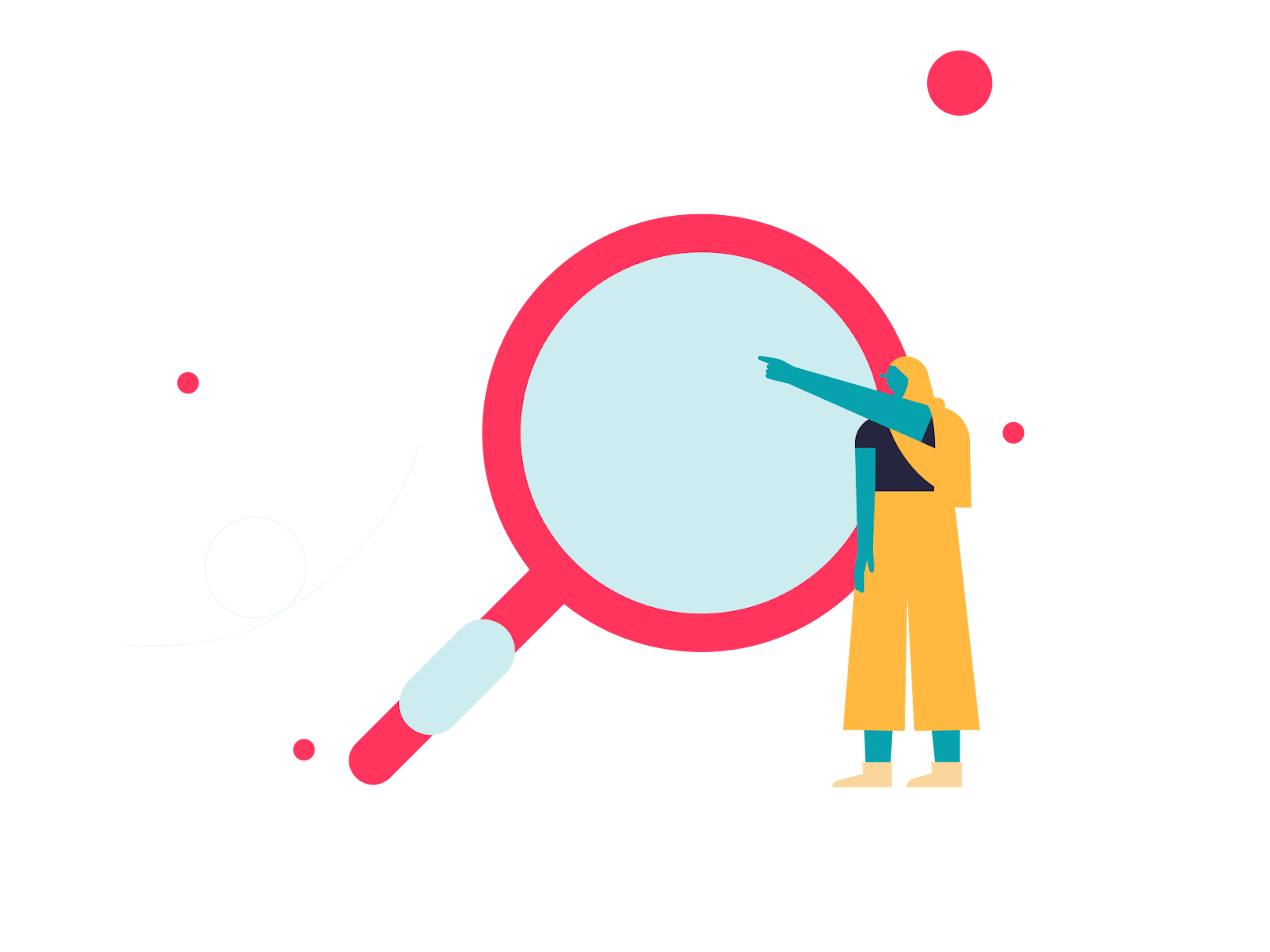 Ilustração mostra uma mulher com véu ocre apontando em direção a uma lupa gigante com o tom de vermelho da Factorial.