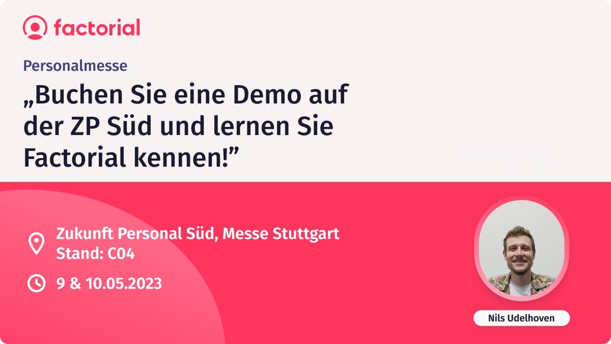Demo buchen Factorial Zukunft Personal Süd Informationen wie das Datum und die Standnummer.