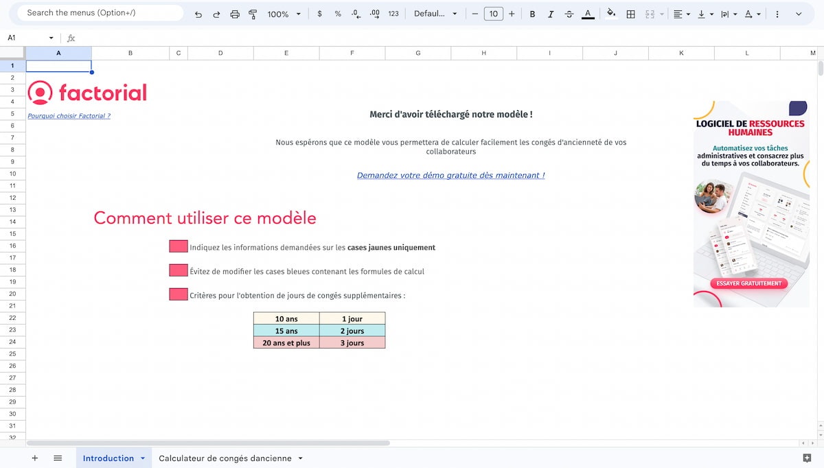 Modèle calcul d'ancienneté Aperçu de la partie introduction du modèle
