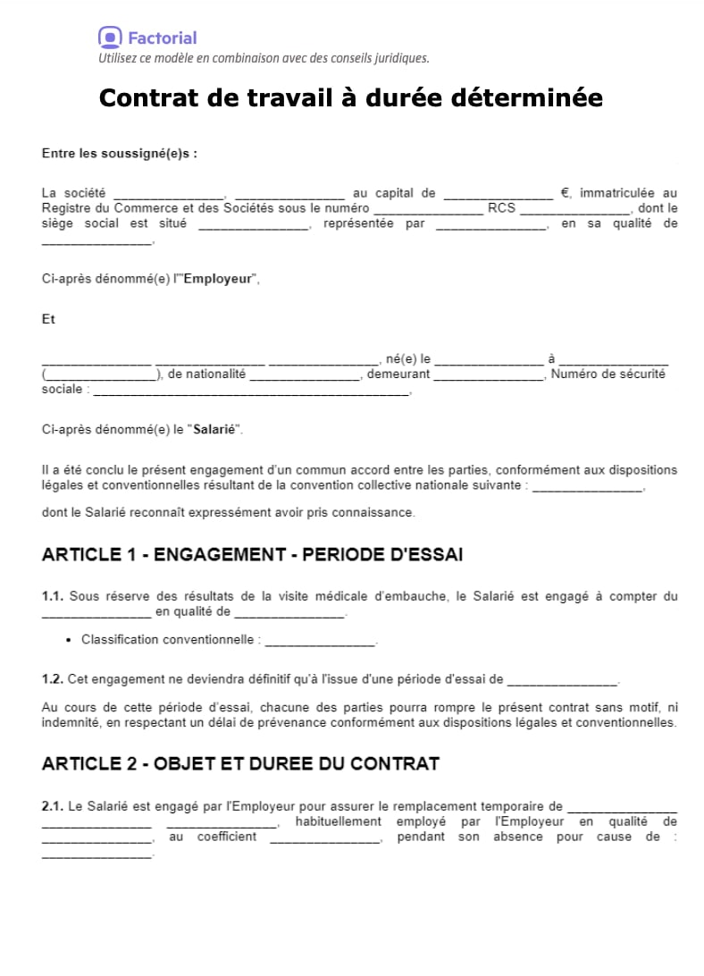 Modèle de contrat de travail à durée déterminée Aperçu du modèle de contrat CDD