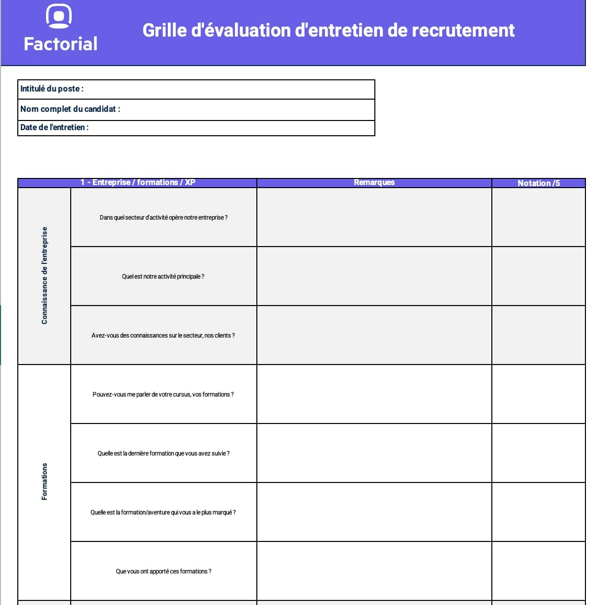 Aperçu de la grille d'entretien de recrutement