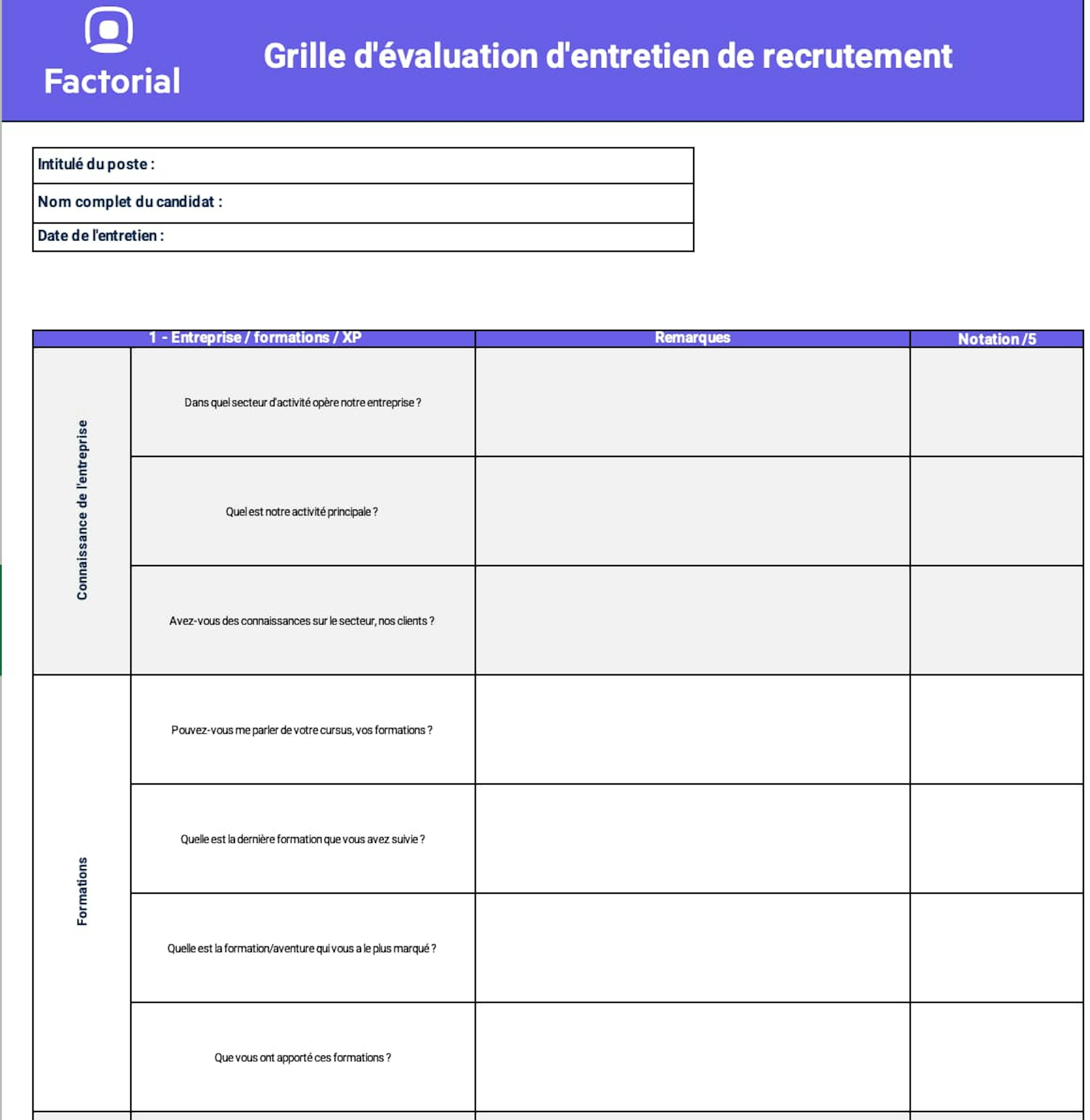 Aperçu de la grille d'entretien de recrutement