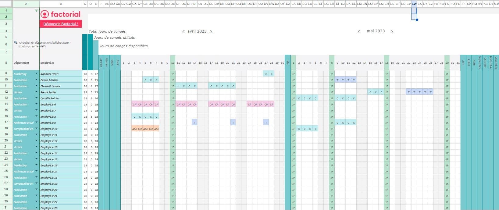 Planning de congés excel pour suivre les absences des salariés et les congés payés