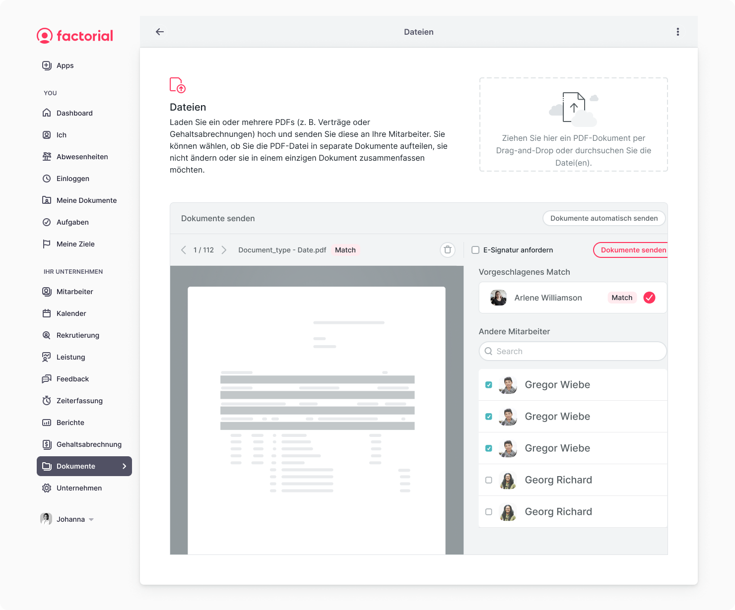 Dokumentenmanagement Eine Datei ist in der Factorial Software zum Versenden an Mitarbeitende bereit