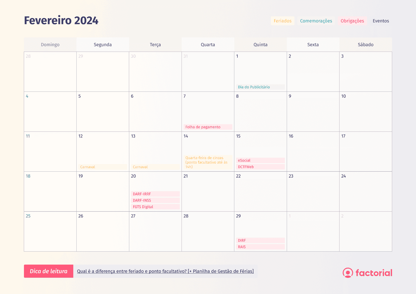 Planner + Calendário de RH e DP 2024 Factorial