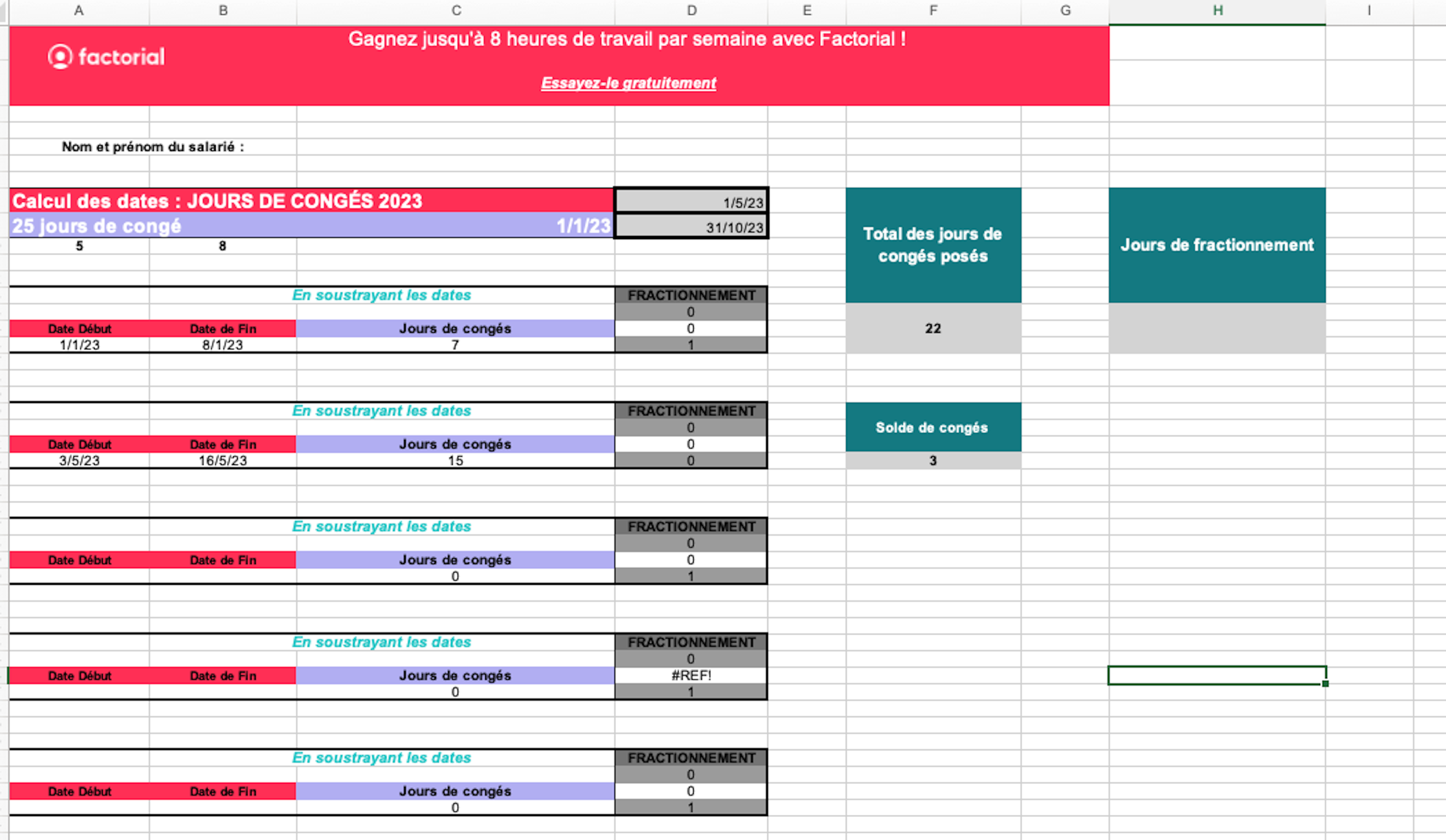 Modèle de calcul des jours de fractionnement