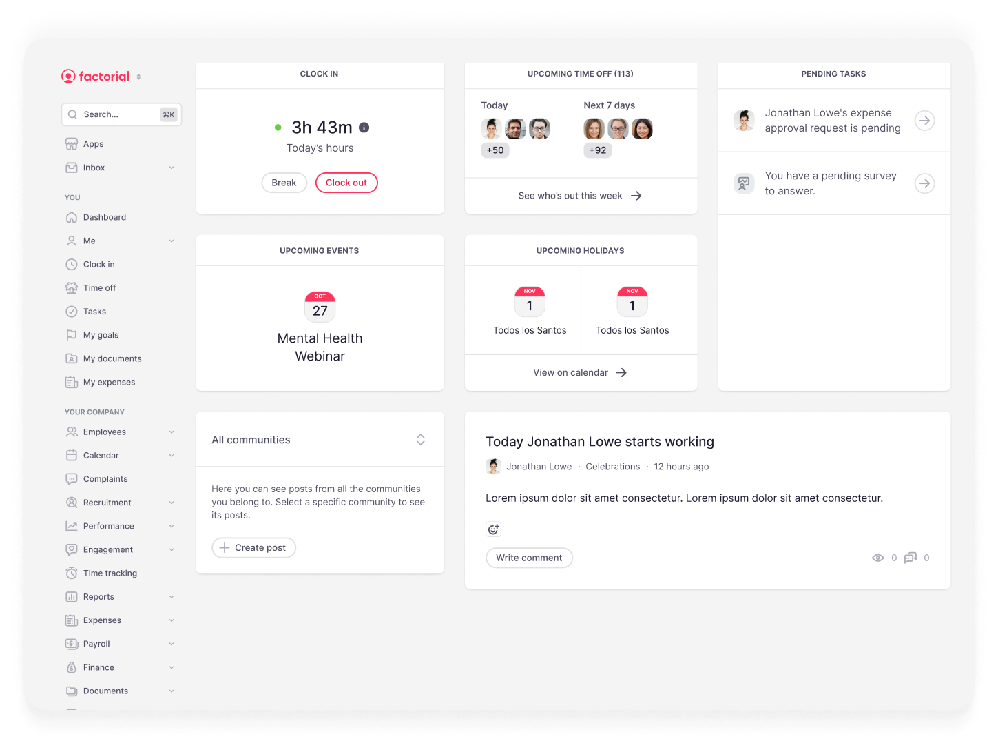 Internal Communication Tools Factorial keep your team up-to-date on events, changes, and more.