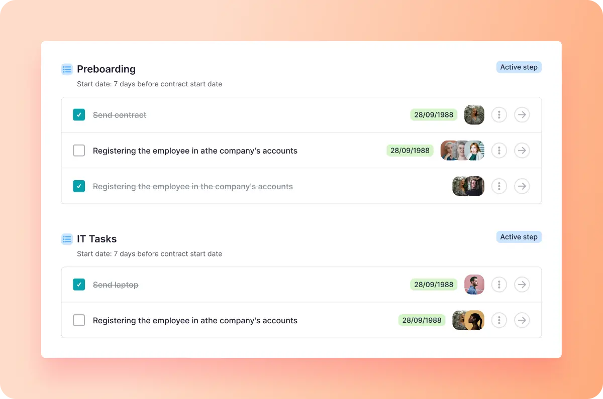 Preboarding and IT tasks checklist in Factorial's document management hub.