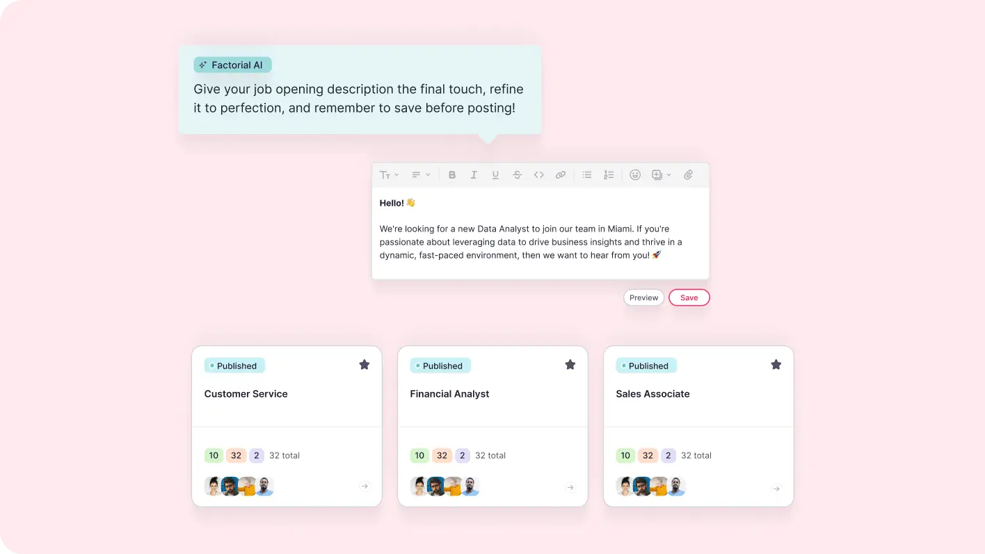 talent acquisition software Factorial's applicant tracking software shows how you can use AI to create job descriptions