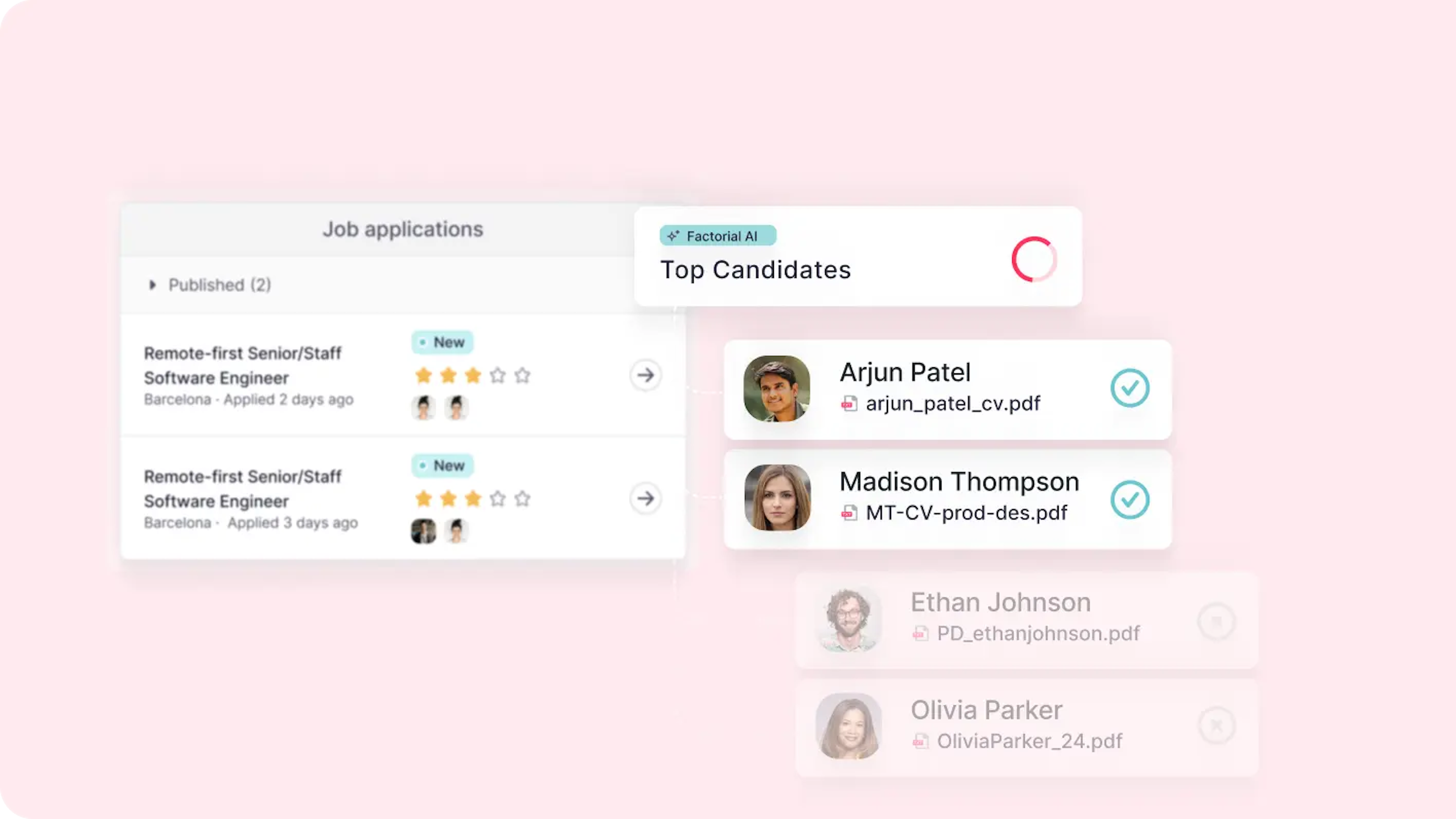 Factorial's candidate tracking software showing top candidates